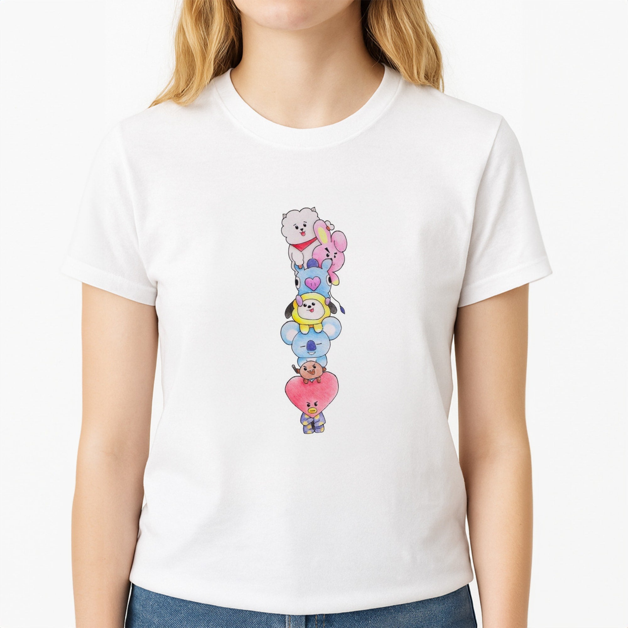 K-Pop Band BT21 Drawing Unisex T-Shirt, worn by a female model