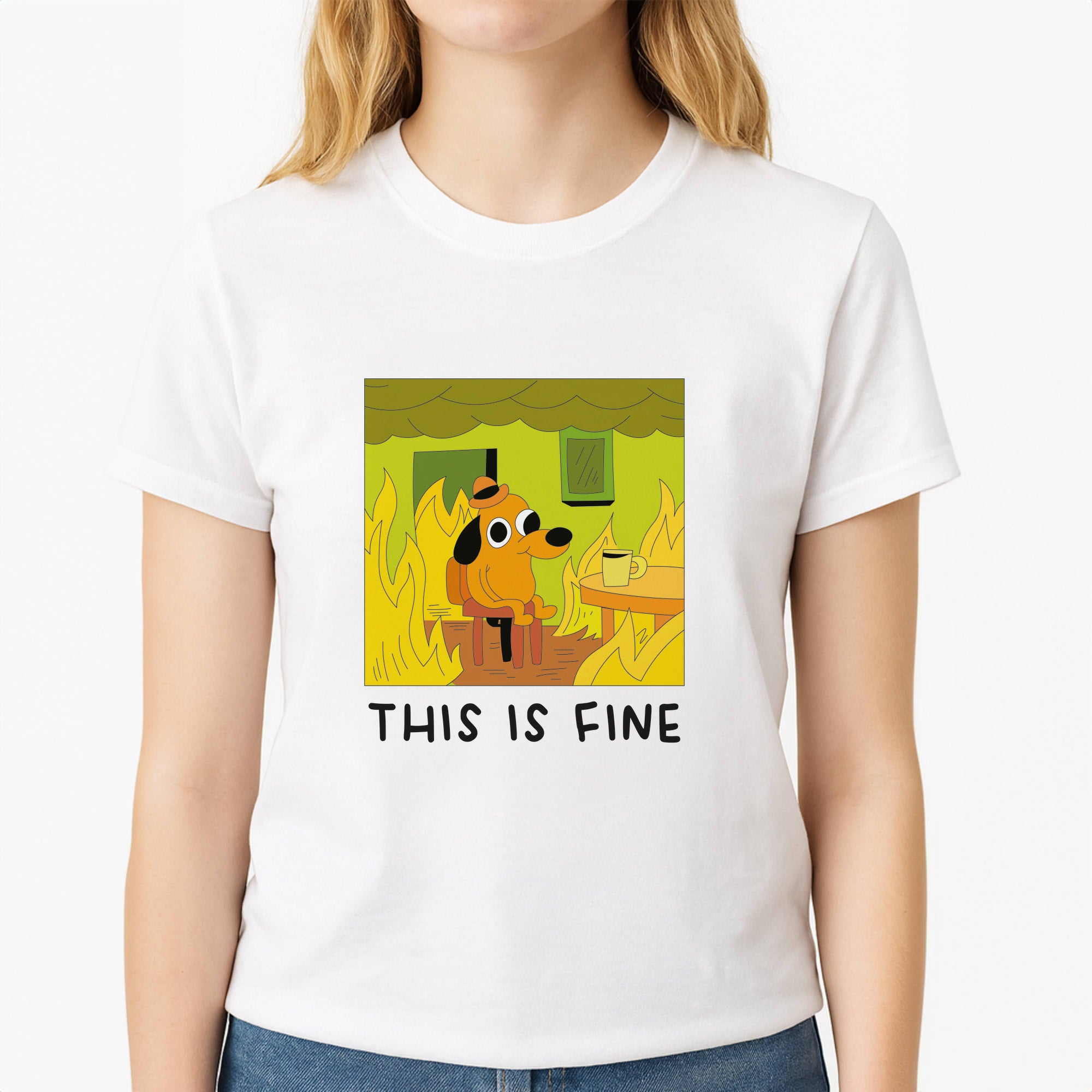 This Is Fine - Memes Unisex T-Shirt, worn by a female model