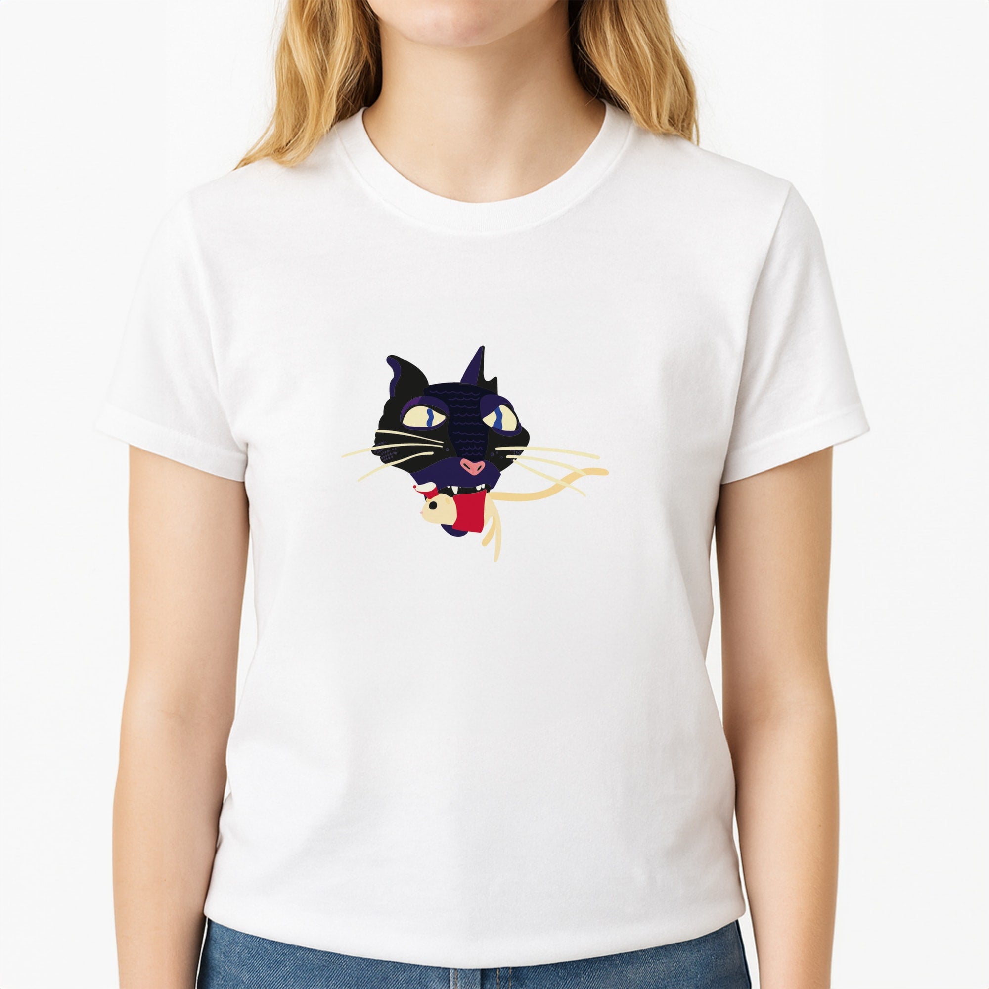 Mouse Eating Unisex T-Shirt, worn by a female model
