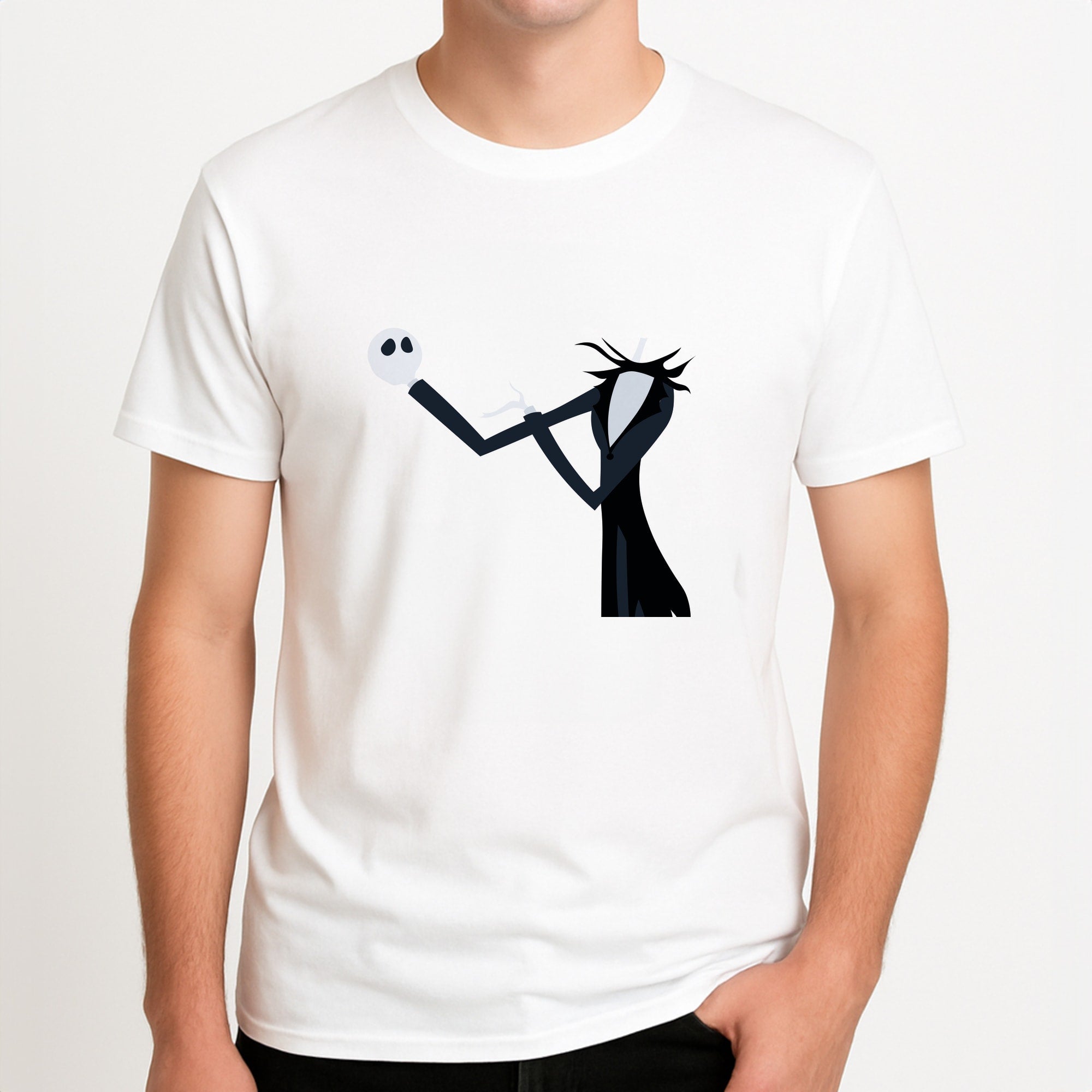 Headless Jack Skellington - TNBC Unisex T-Shirt, worn by a male model.