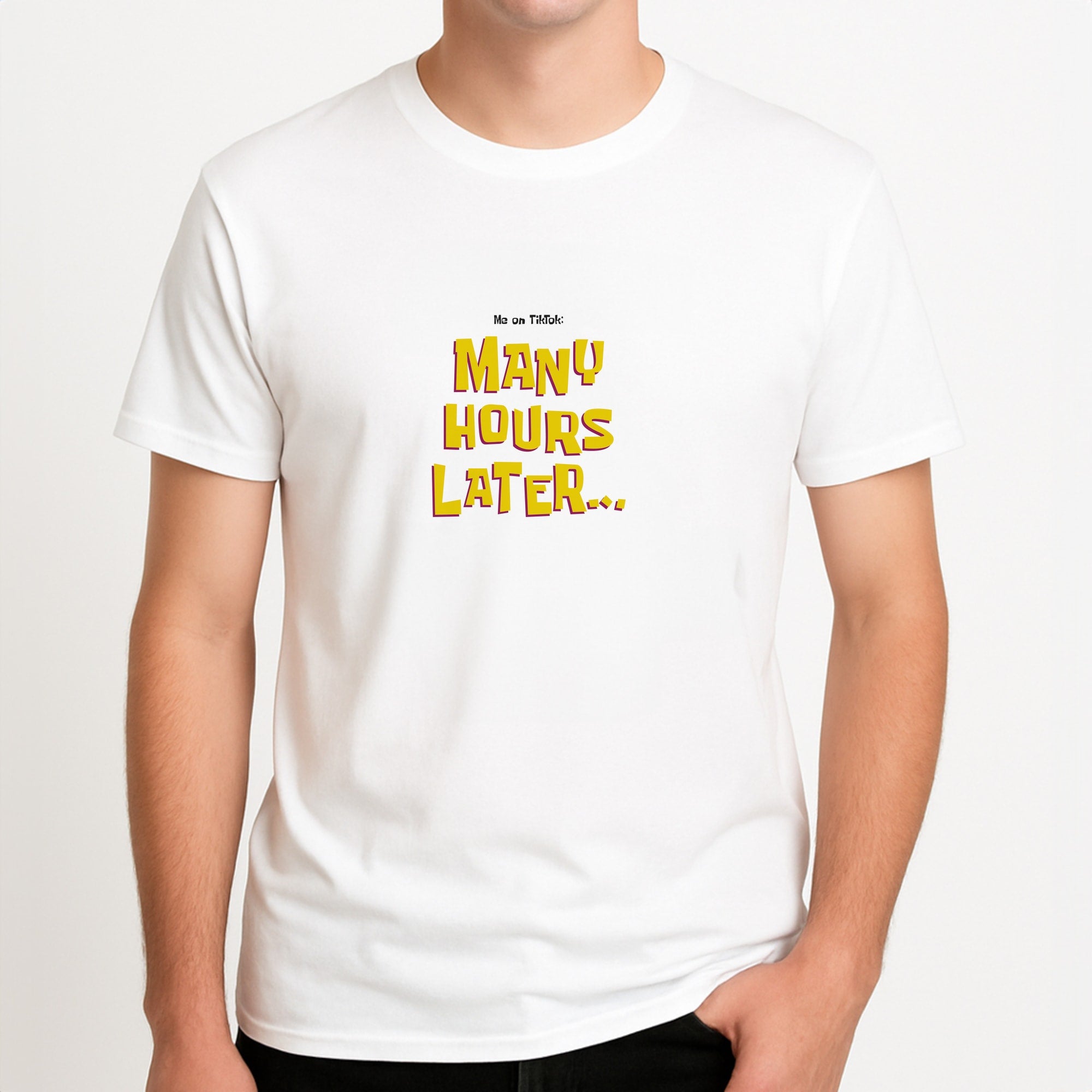 Many Hours Later Unisex T-Shirt, worn by a male model.