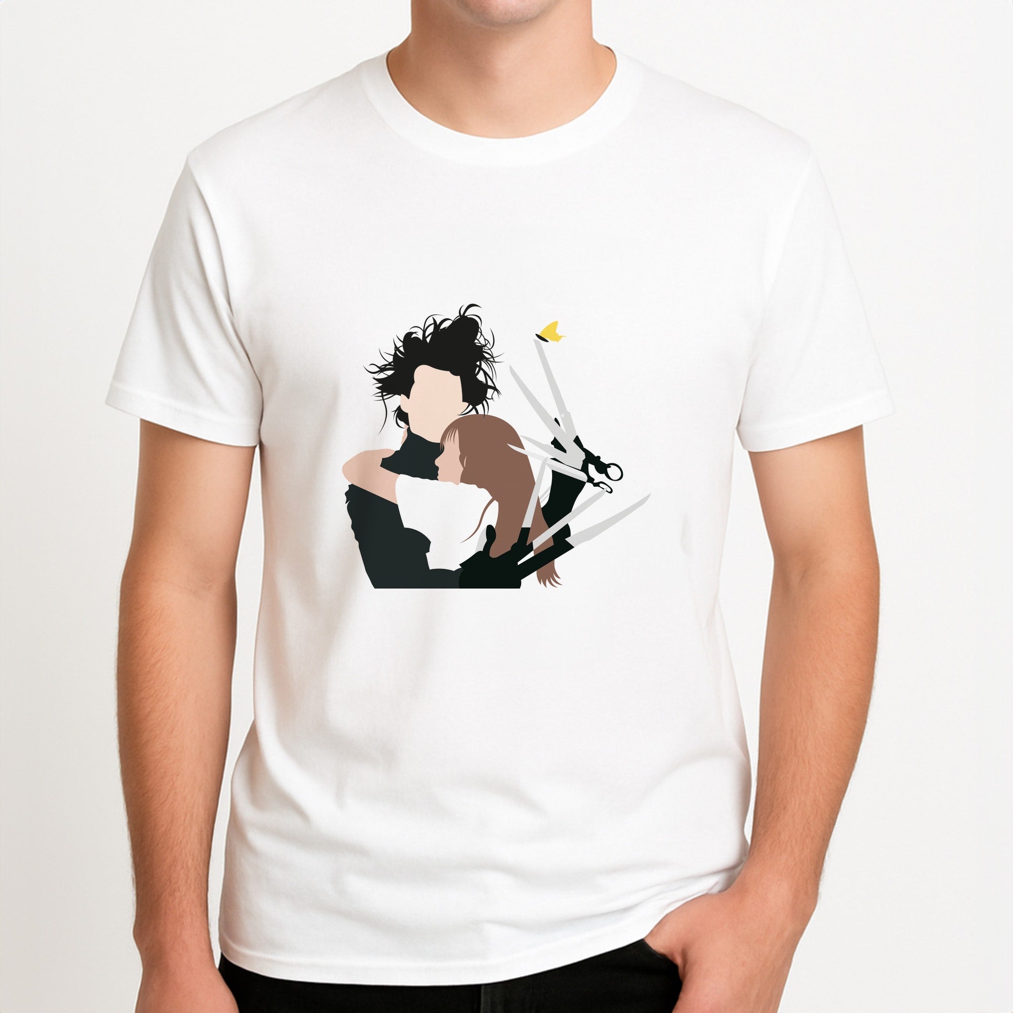 Edward And Kim -Scissorhands Unisex T-Shirt, worn by a male model.