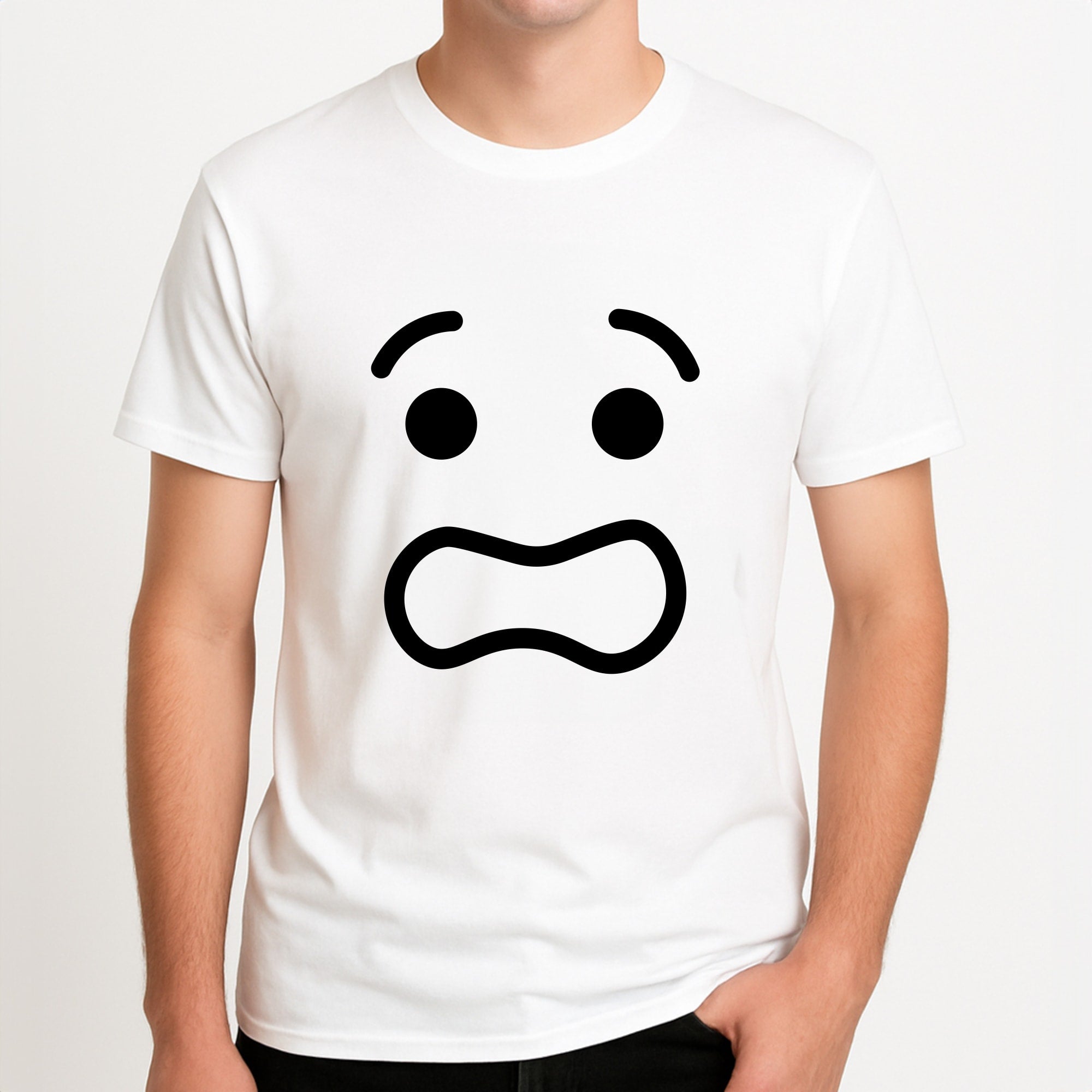 Brick Face Worried Unisex T-Shirt, worn by a male model.