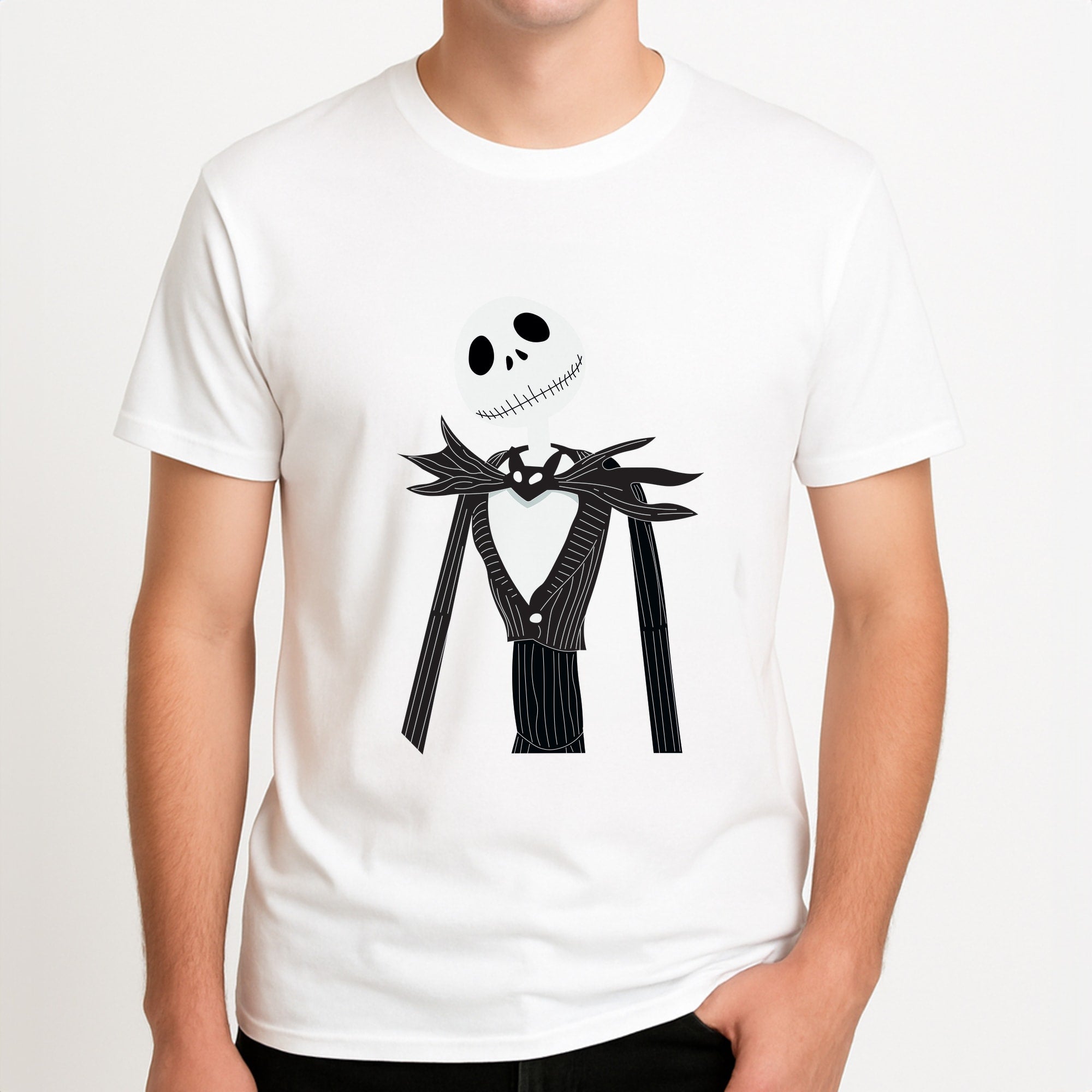 Jack Skellington Blue - TNBC Unisex T-Shirt, worn by a male model.