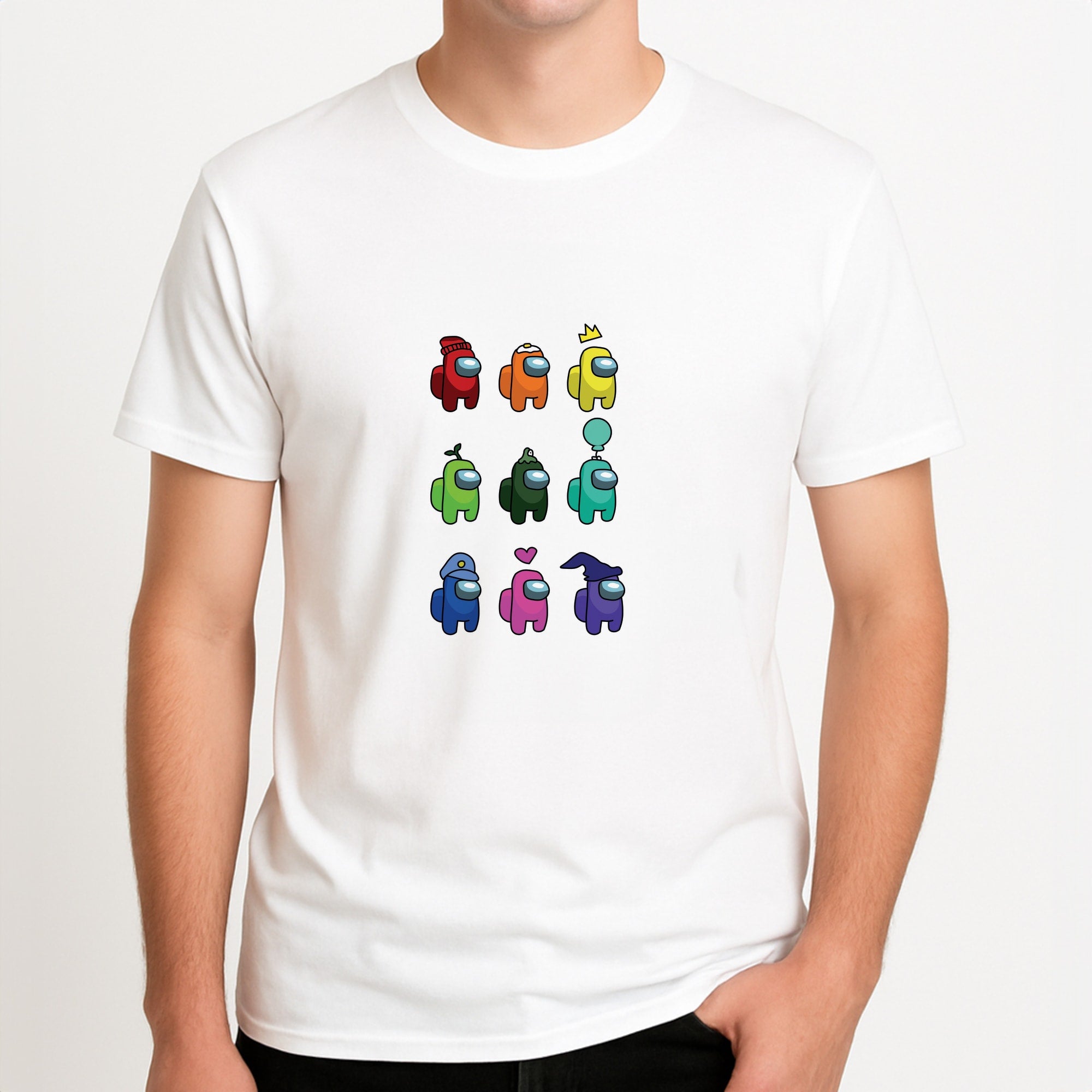 Among Gaming characters Unisex T-Shirt, worn by a male model.