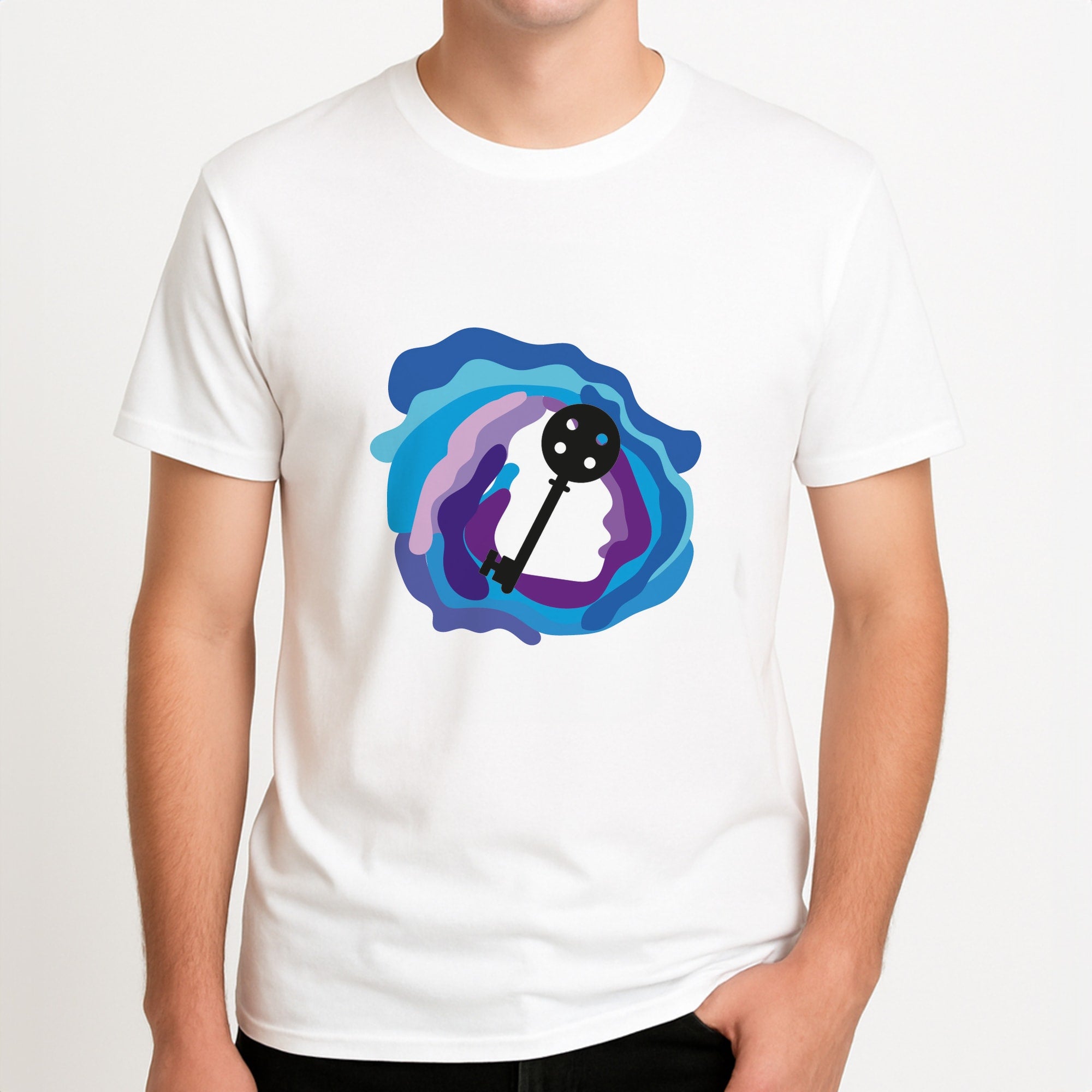 Coraline Key Unisex T-Shirt, worn by a male model.