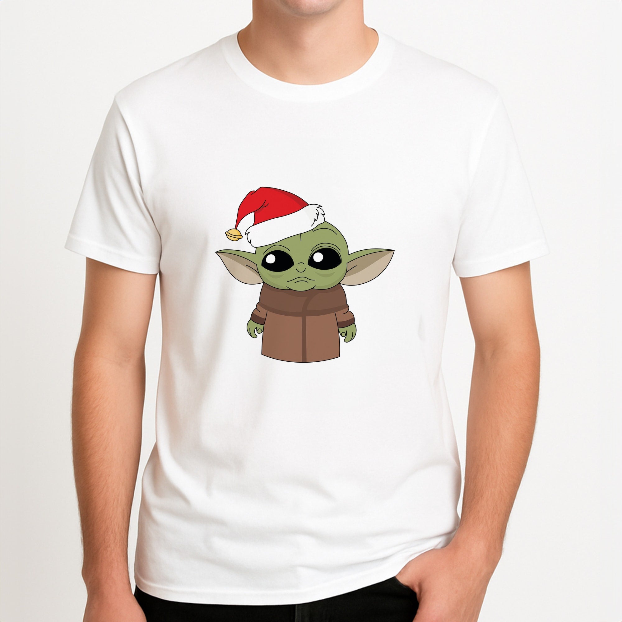 Baby Yoda Unisex T-Shirt, worn by a male model.