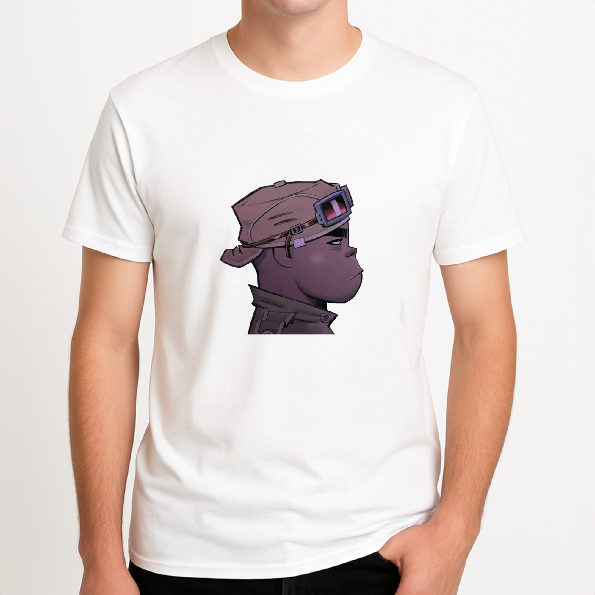 Purple 2d Unisex T-Shirt, worn by a male model.