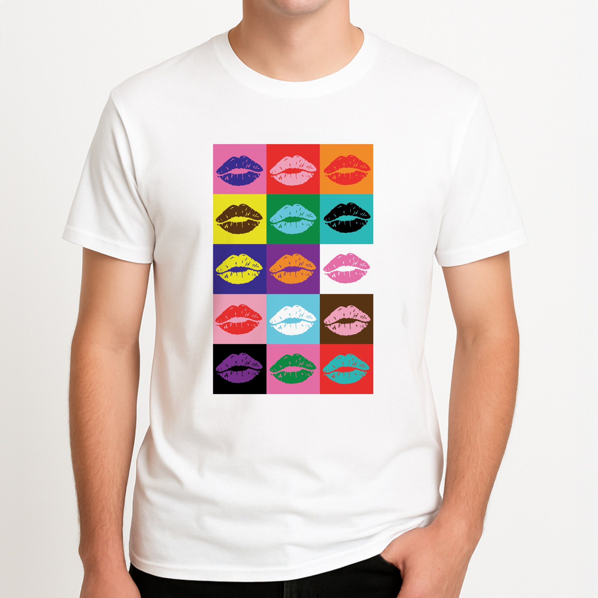Lips Collage - Pride Unisex T-Shirt, worn by a male model.