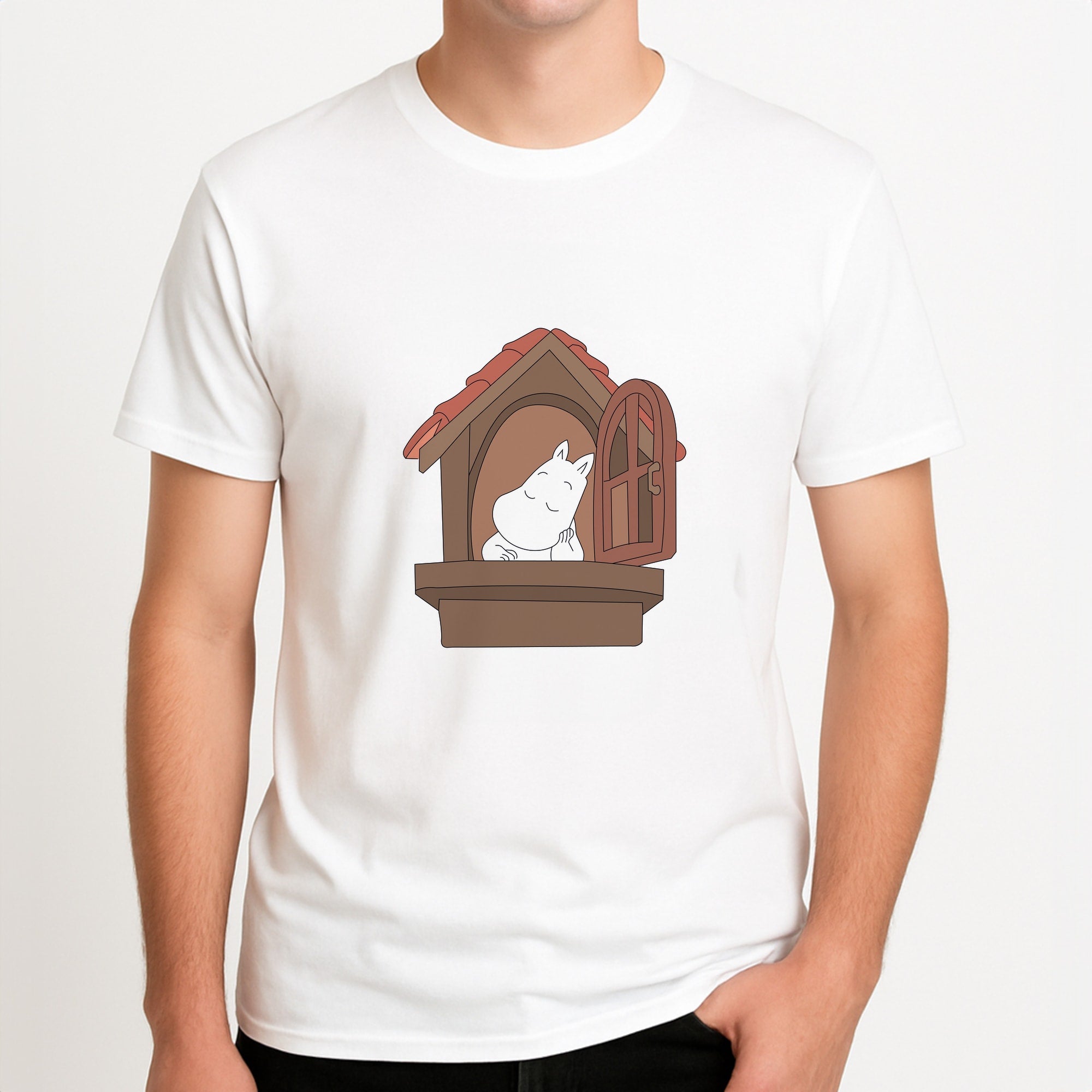 The Window Unisex T-Shirt, worn by a male model.
