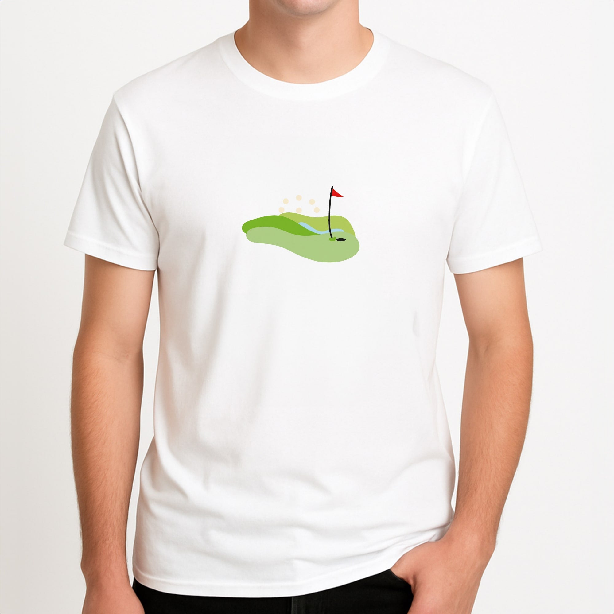 Golf course Unisex T-Shirt, worn by a male model.