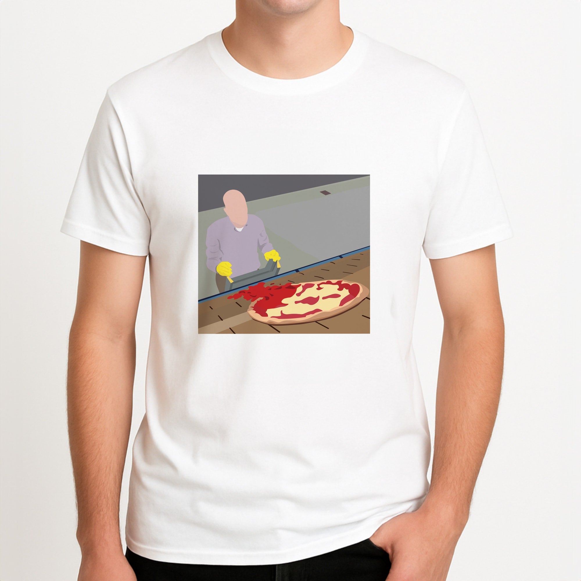 Pizza On The Roof Unisex T-Shirt, worn by a male model.
