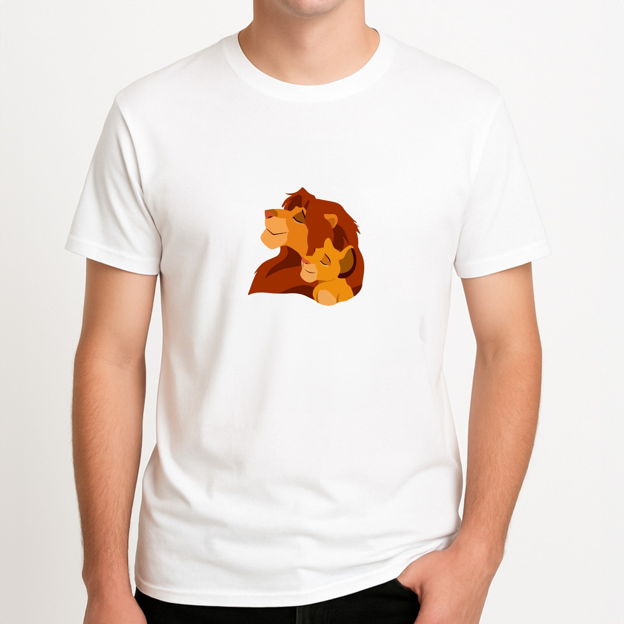 King Lion And Cub Unisex T-Shirt, worn by a male model.