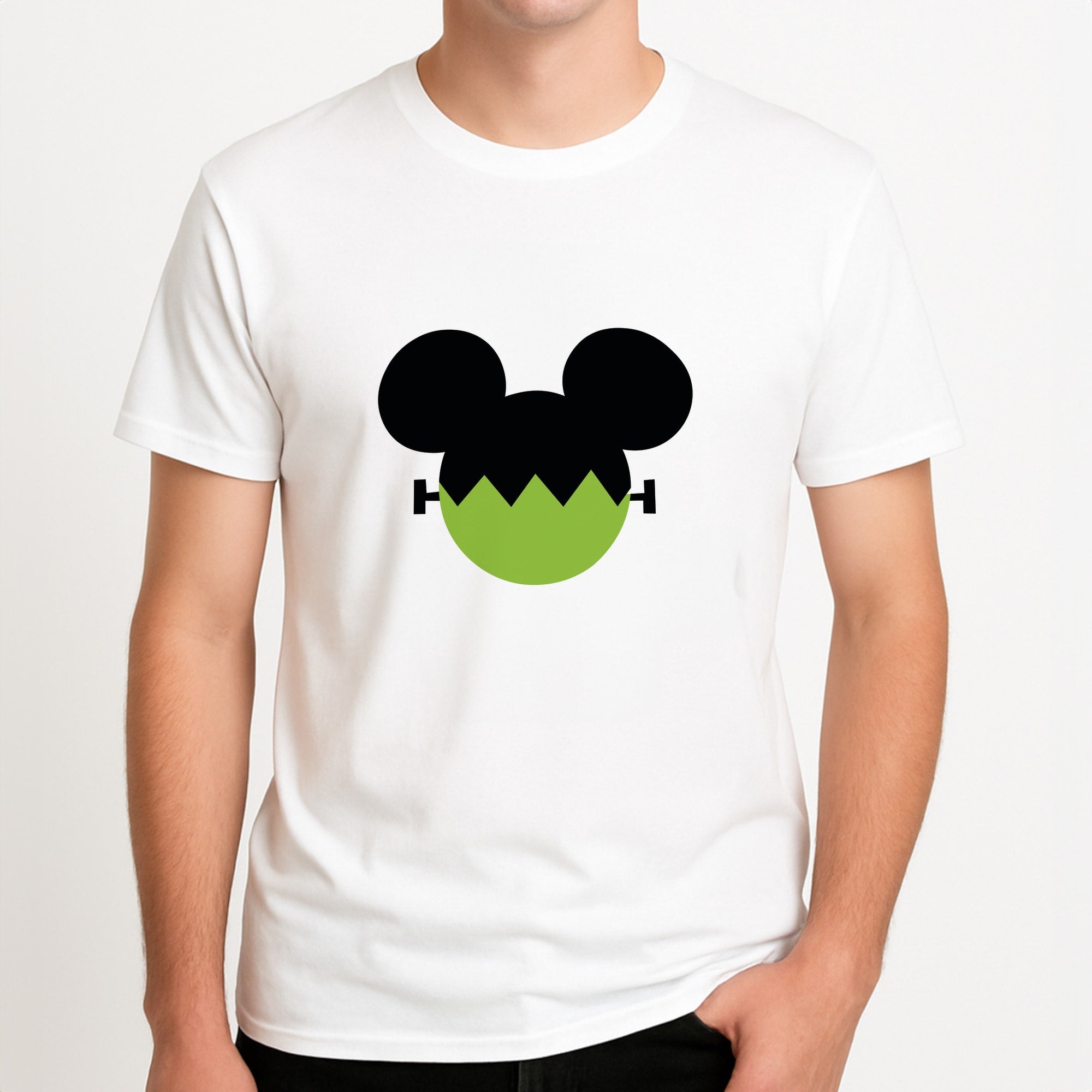 Frankenstein Mouse Halloween Unisex T-Shirt, worn by a male model.