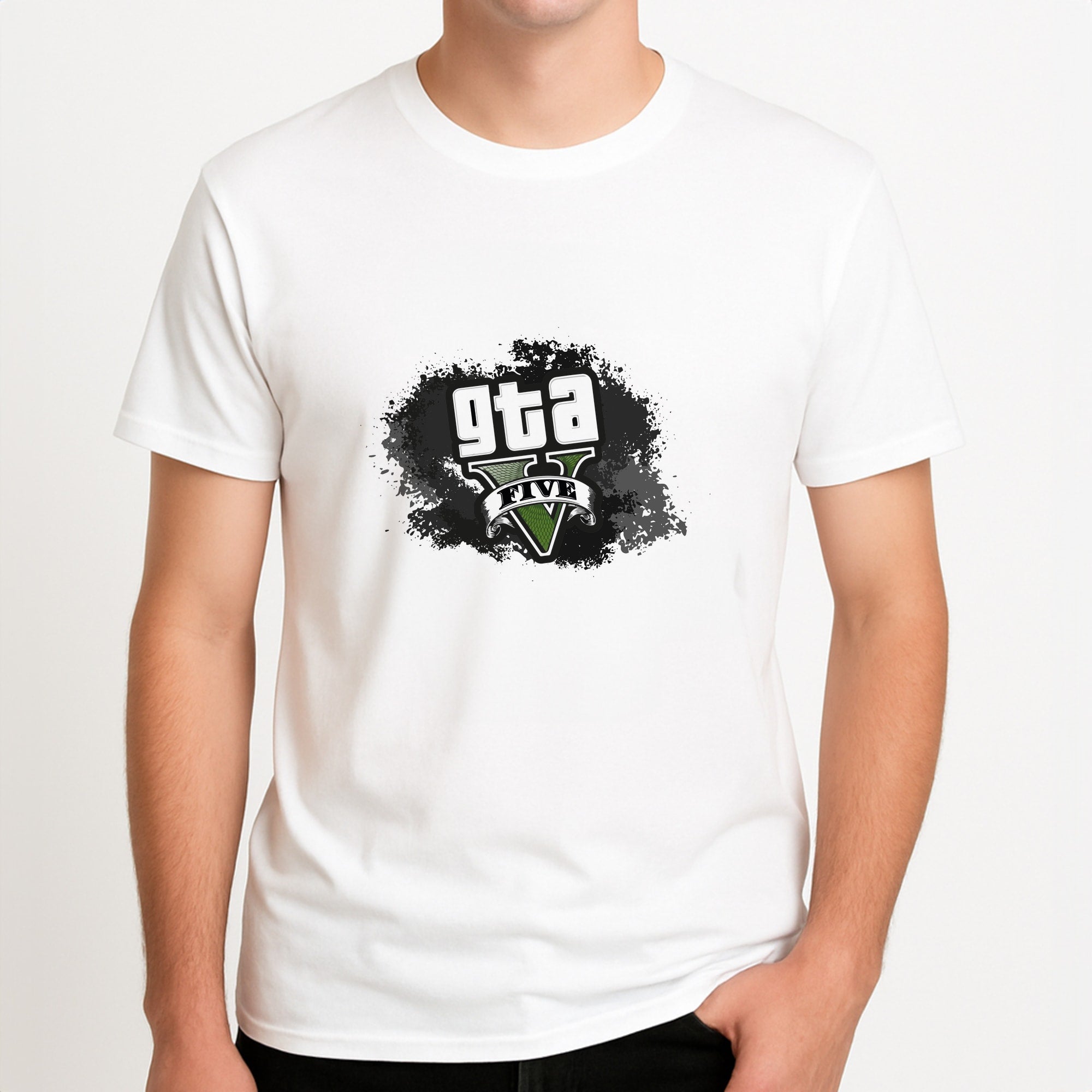 Five - Video Game Unisex T-Shirt, worn by a male model.