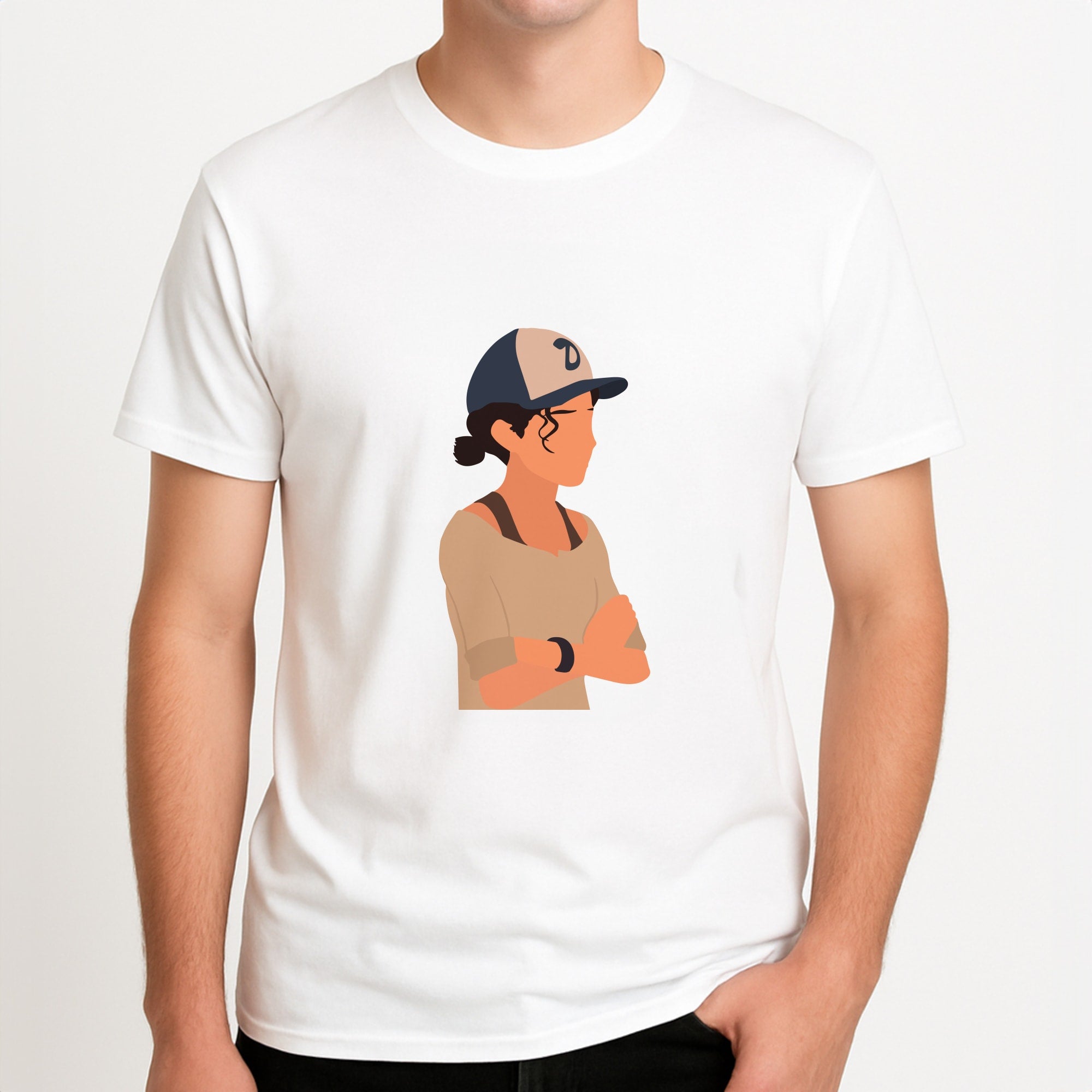 Clementine Faceless - TWD Unisex T-Shirt, worn by a male model.