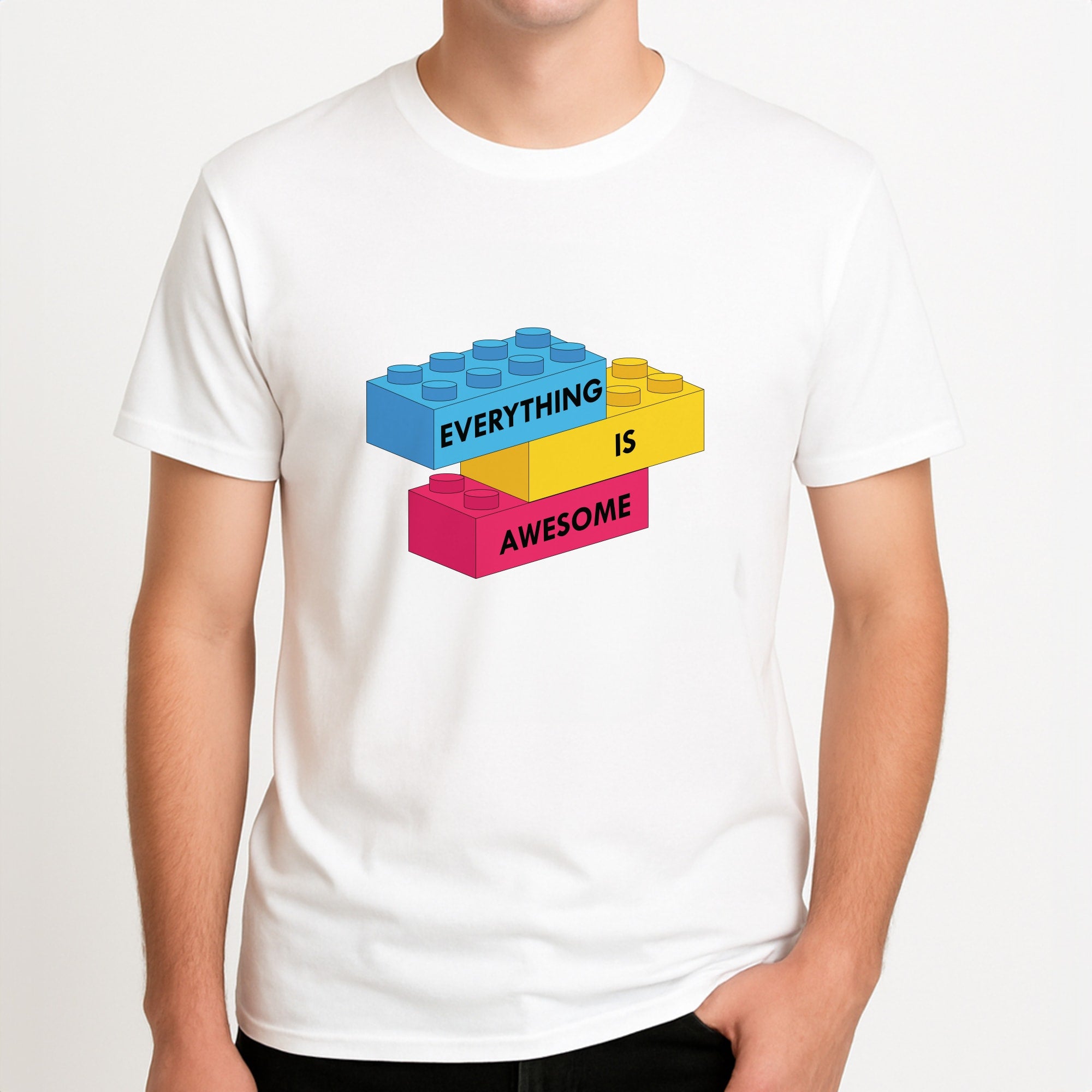 Everything Is Awesome Bricks Unisex T-Shirt, worn by a male model.