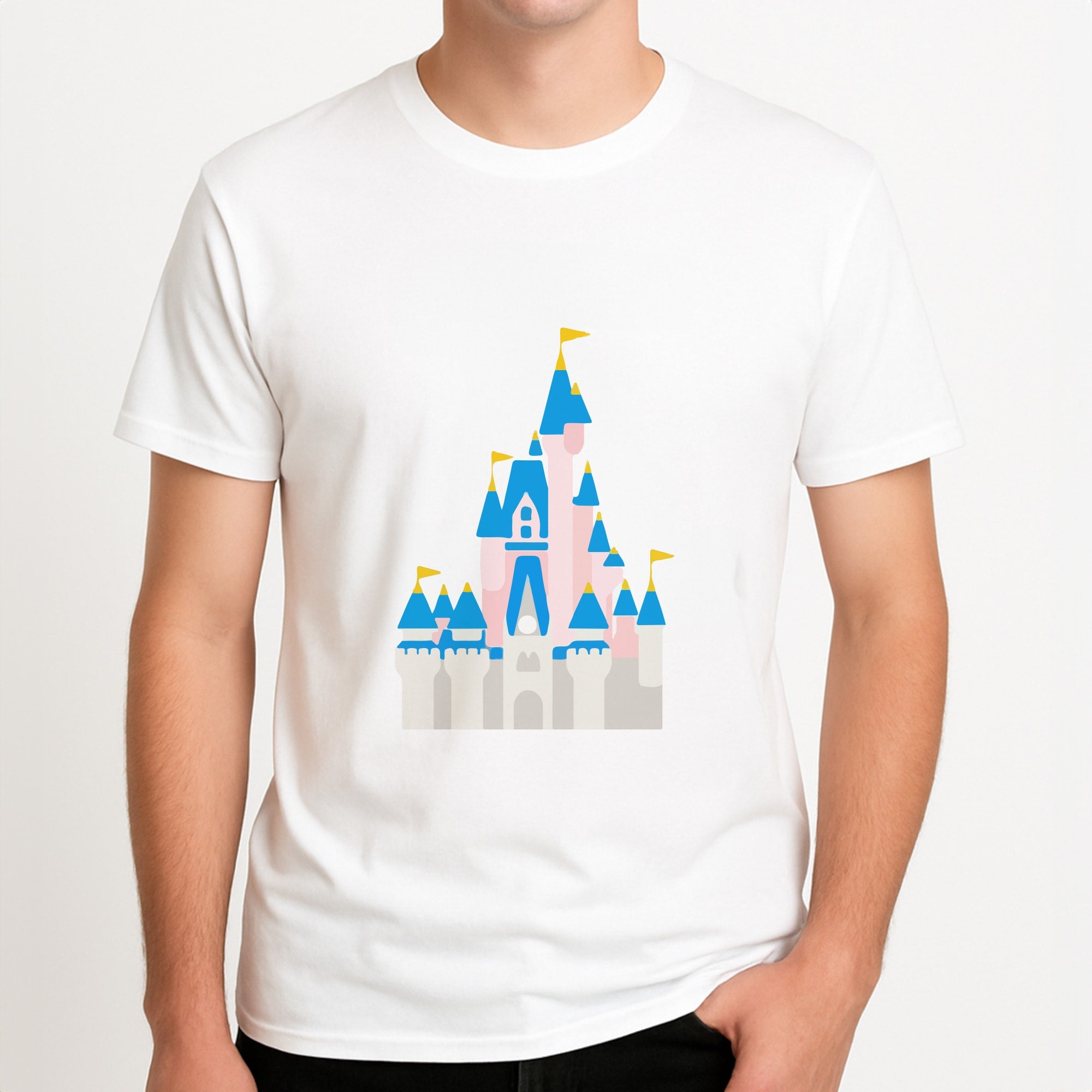 Fairytale Castle Unisex T-Shirt, worn by a male model.