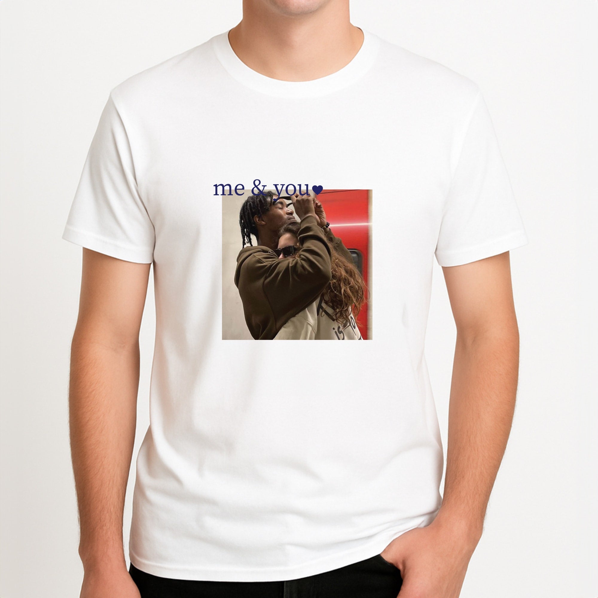 Me And You - Personalised Couples Unisex T-Shirt, worn by a male model.