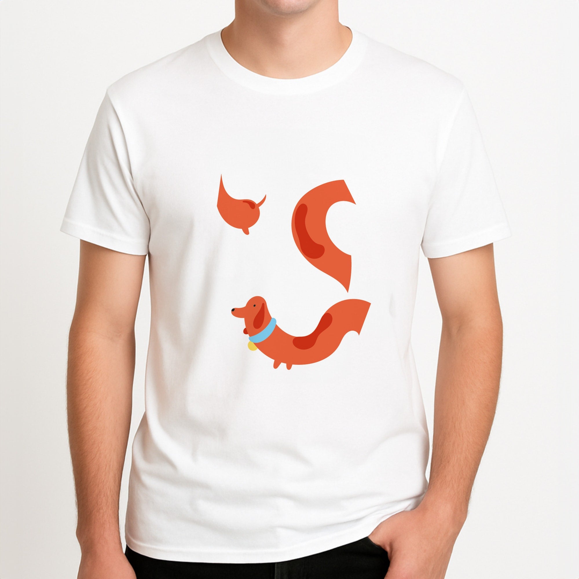 Sausage dog wrapped round - Dachshunds Unisex T-Shirt, worn by a male model.