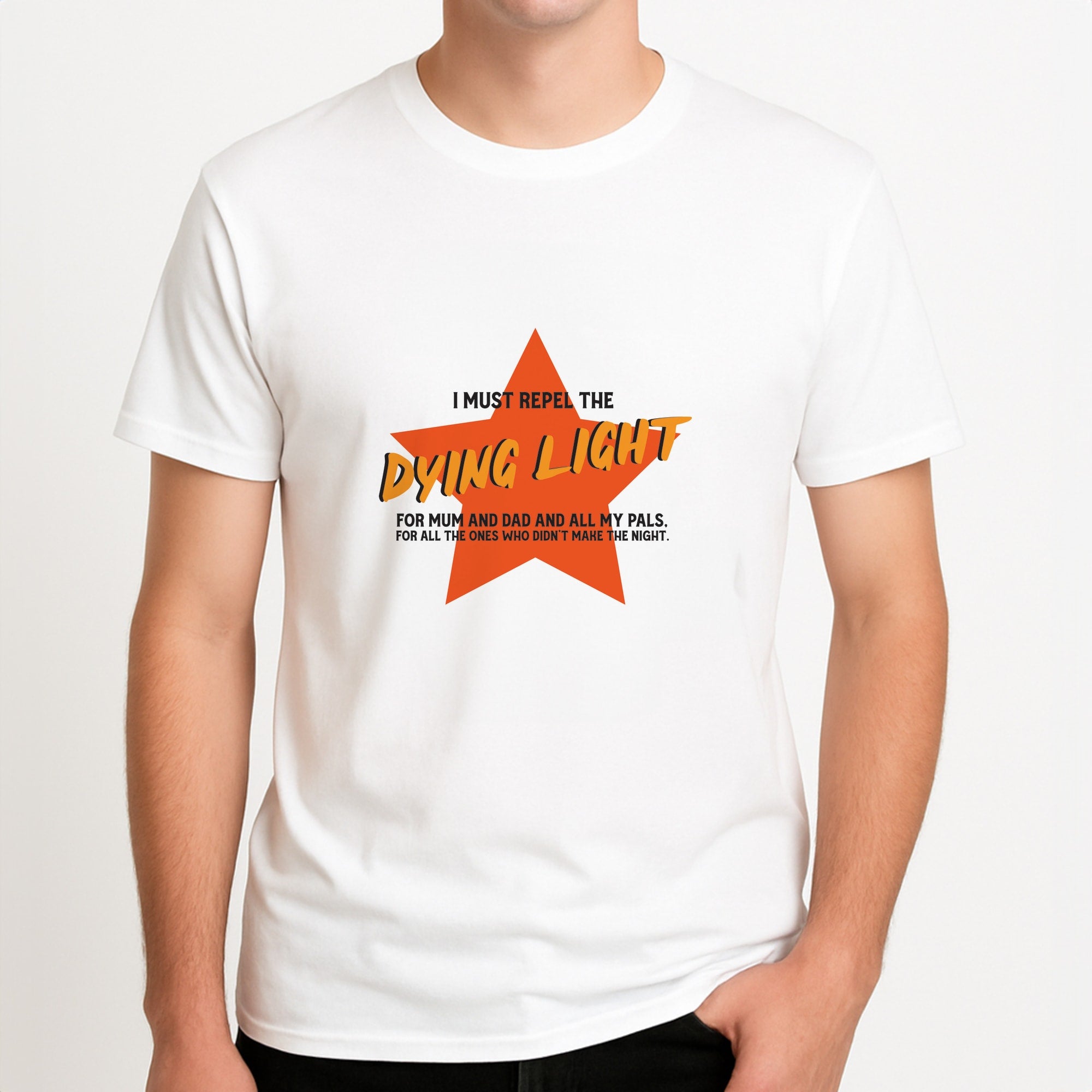 I Must Repel The Dying Light - Fender Unisex T-Shirt, worn by a male model.
