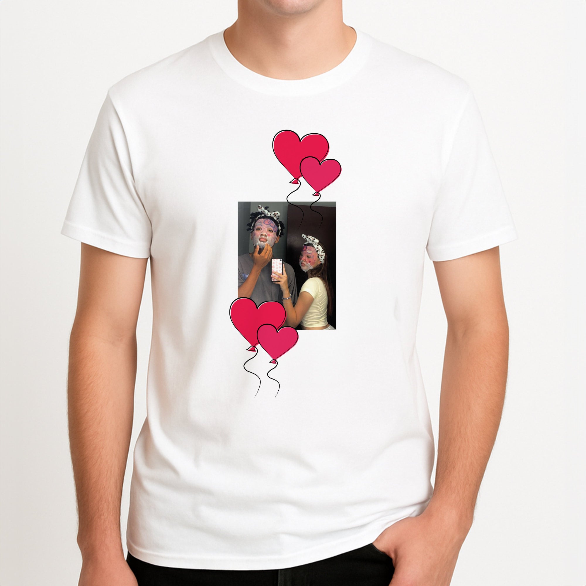 Heart Balloons - Personalised Couples Unisex T-Shirt, worn by a male model.