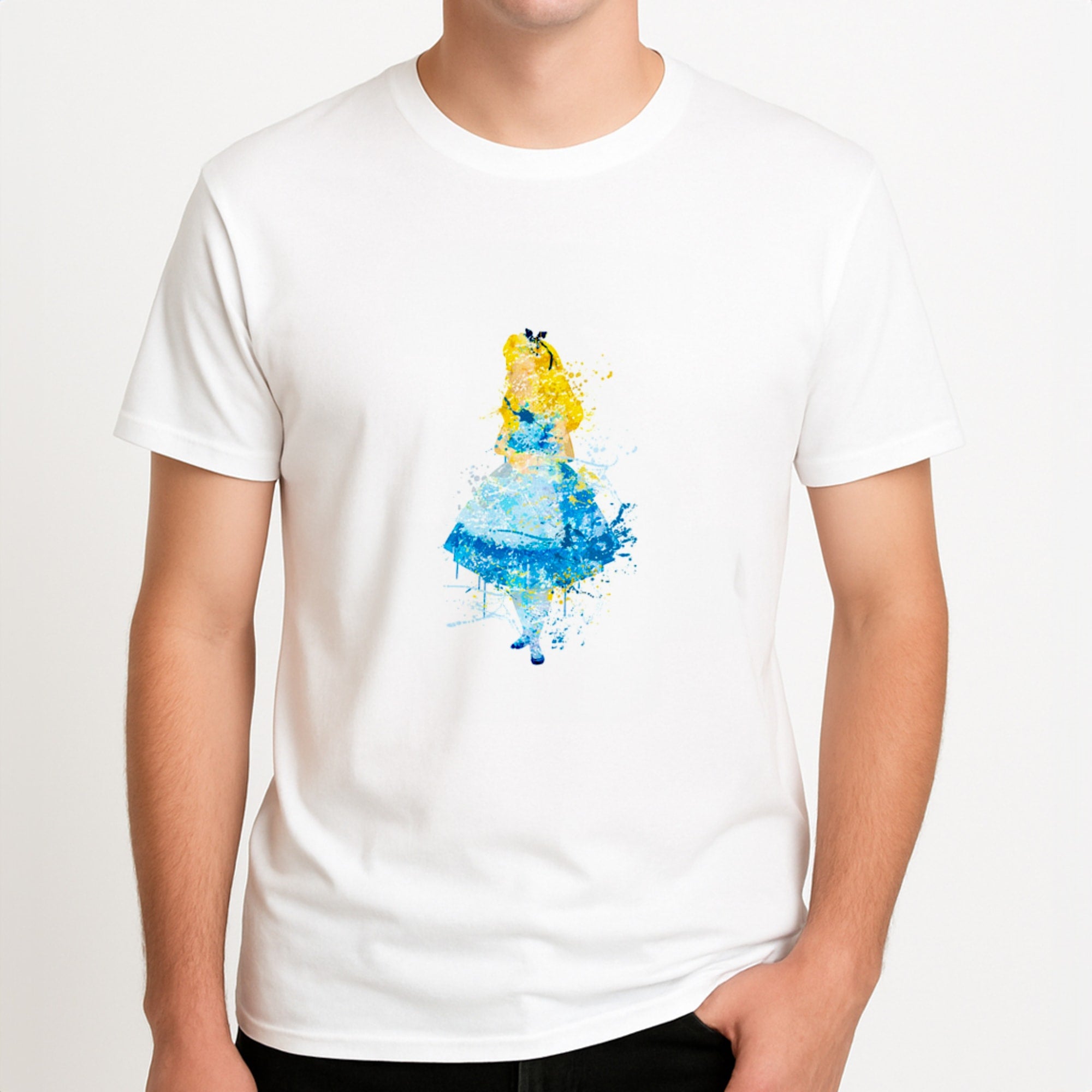 Watercolour Alice in Wonderland Fairytale Unisex T-Shirt, worn by a male model.