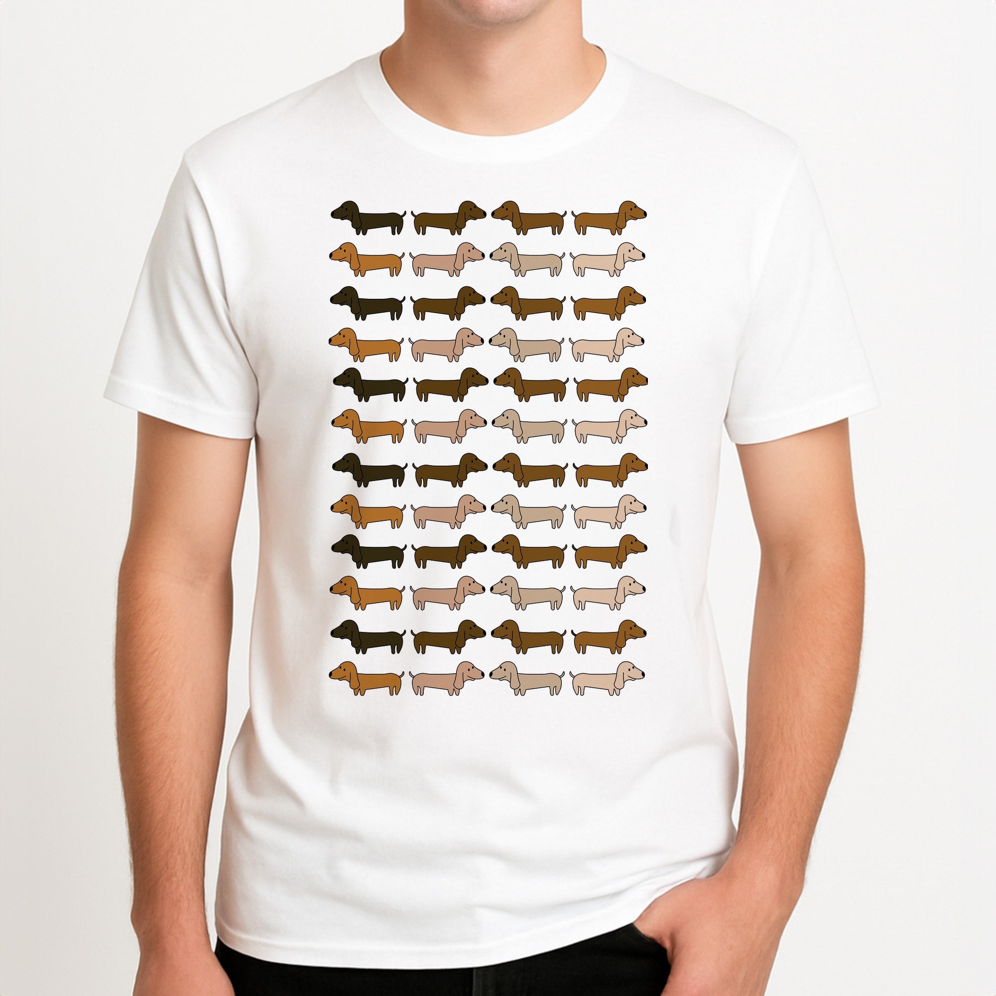 Collage - Dachshunds Unisex T-Shirt, worn by a male model.