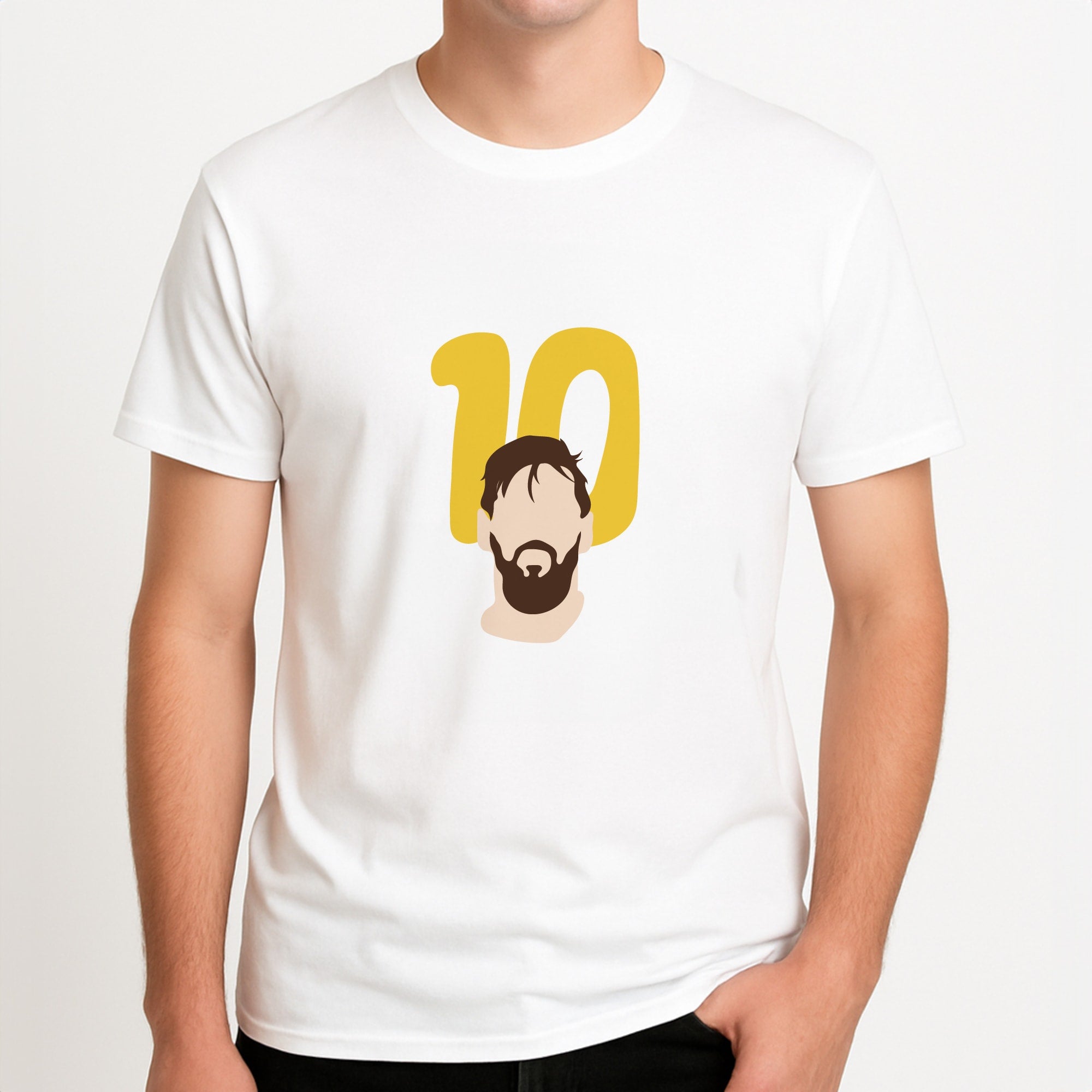 Number 10 - Messi Unisex T-Shirt, worn by a male model.