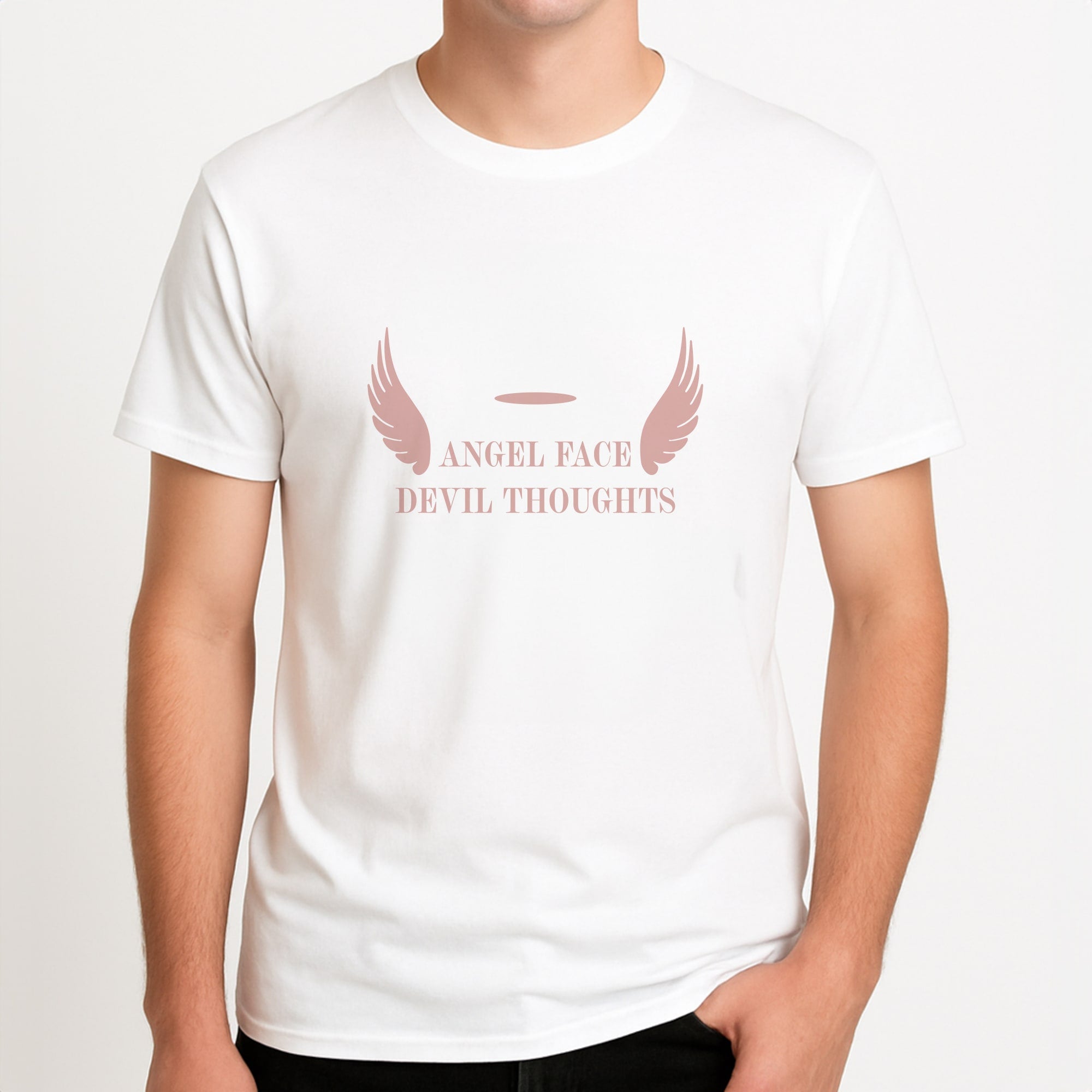 Angel Face Devil Thoughts Unisex T-Shirt, worn by a male model.