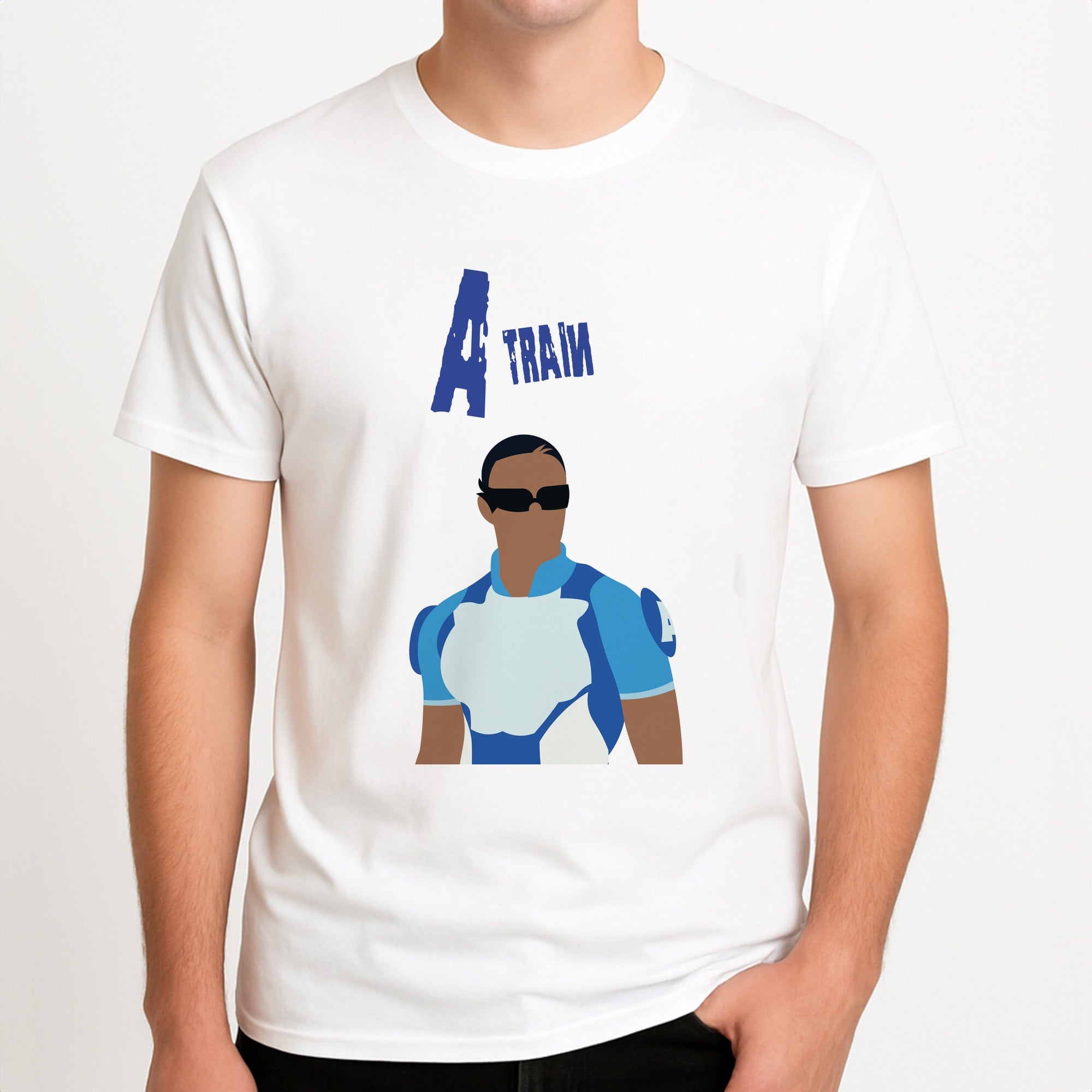 A Train Unisex T-Shirt, worn by a male model.