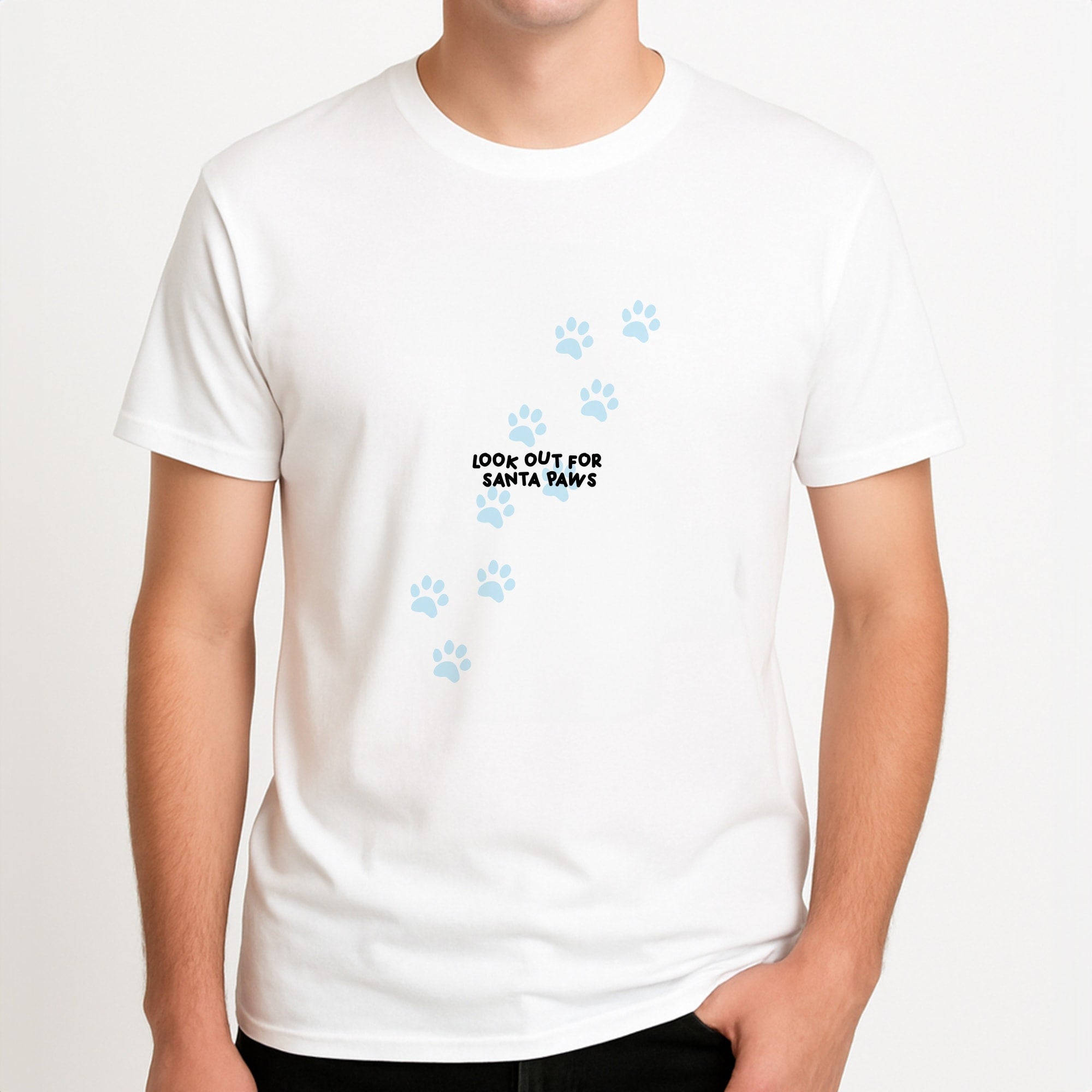 Santa Paws - Christmas Unisex T-Shirt, worn by a male model.