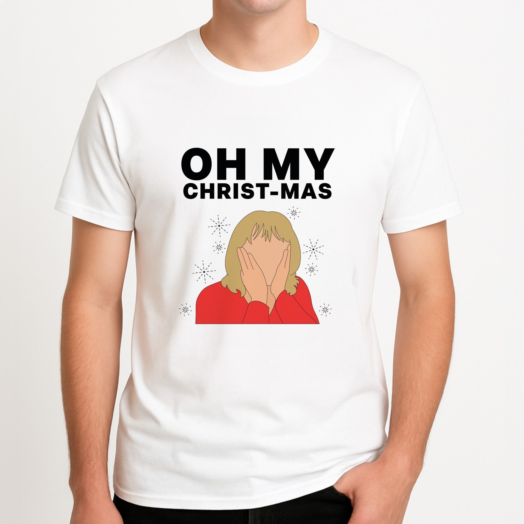 Oh My Christ-Mas Unisex T-Shirt, worn by a male model.