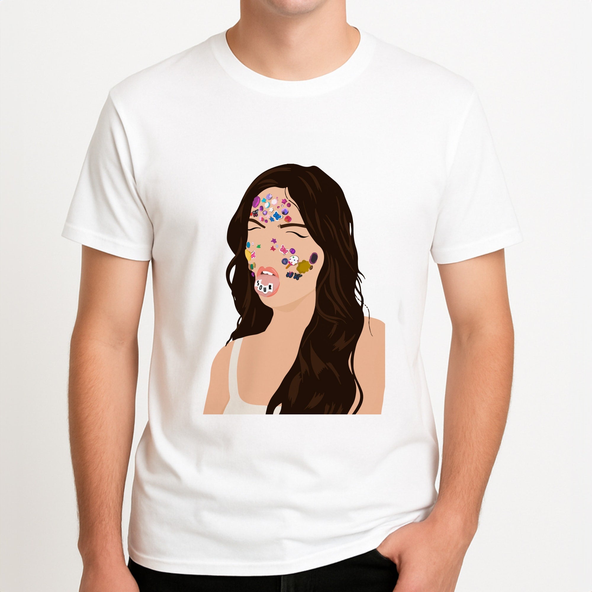 Sour - Olivia Unisex T-Shirt, worn by a male model.