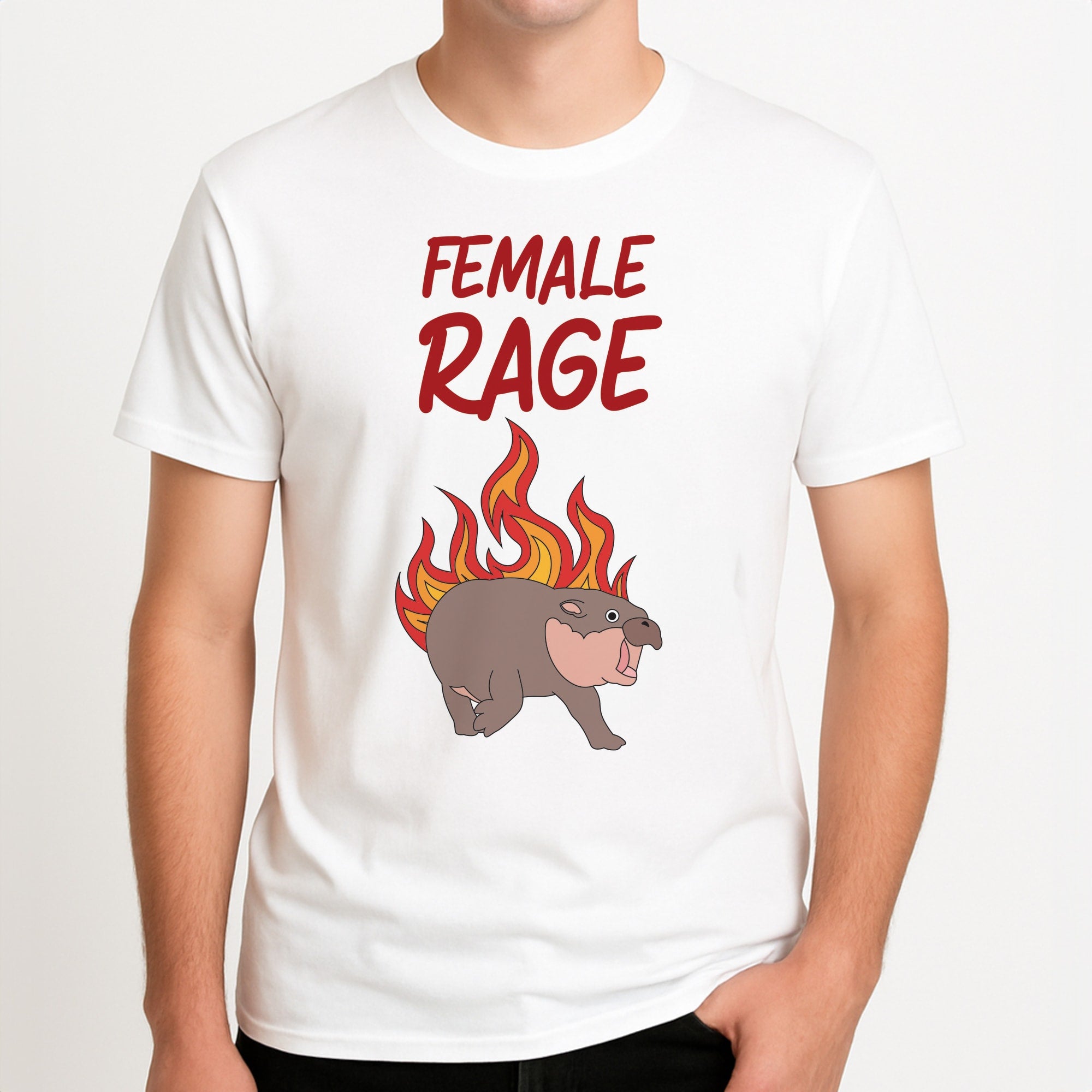 Female Rage Unisex T-Shirt, worn by a male model.