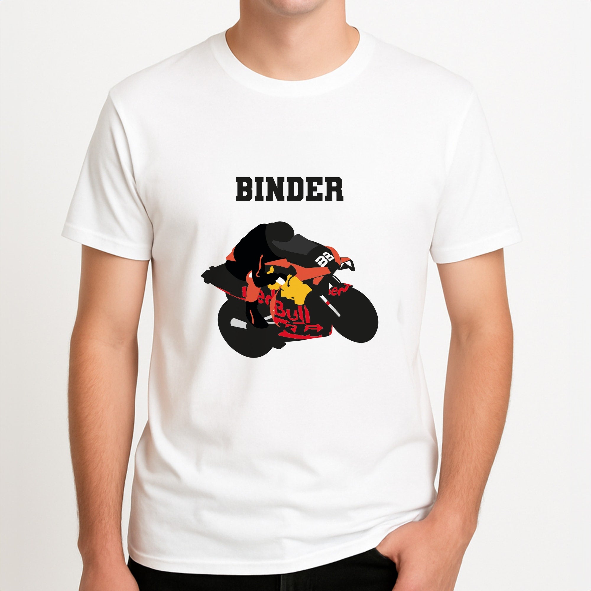 Binder - Motorbike Unisex T-Shirt, worn by a male model.