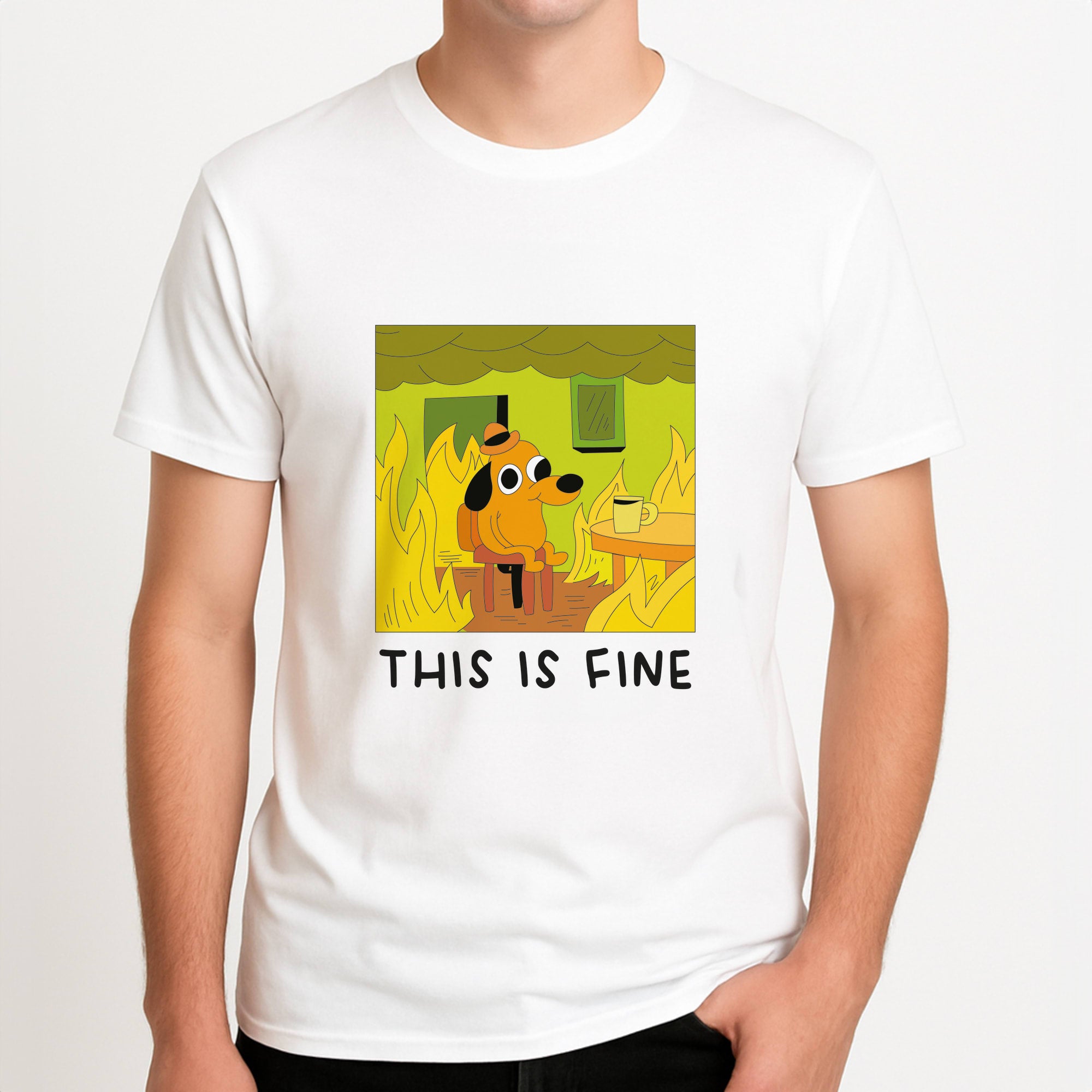 This Is Fine - Memes Unisex T-Shirt, worn by a male model.