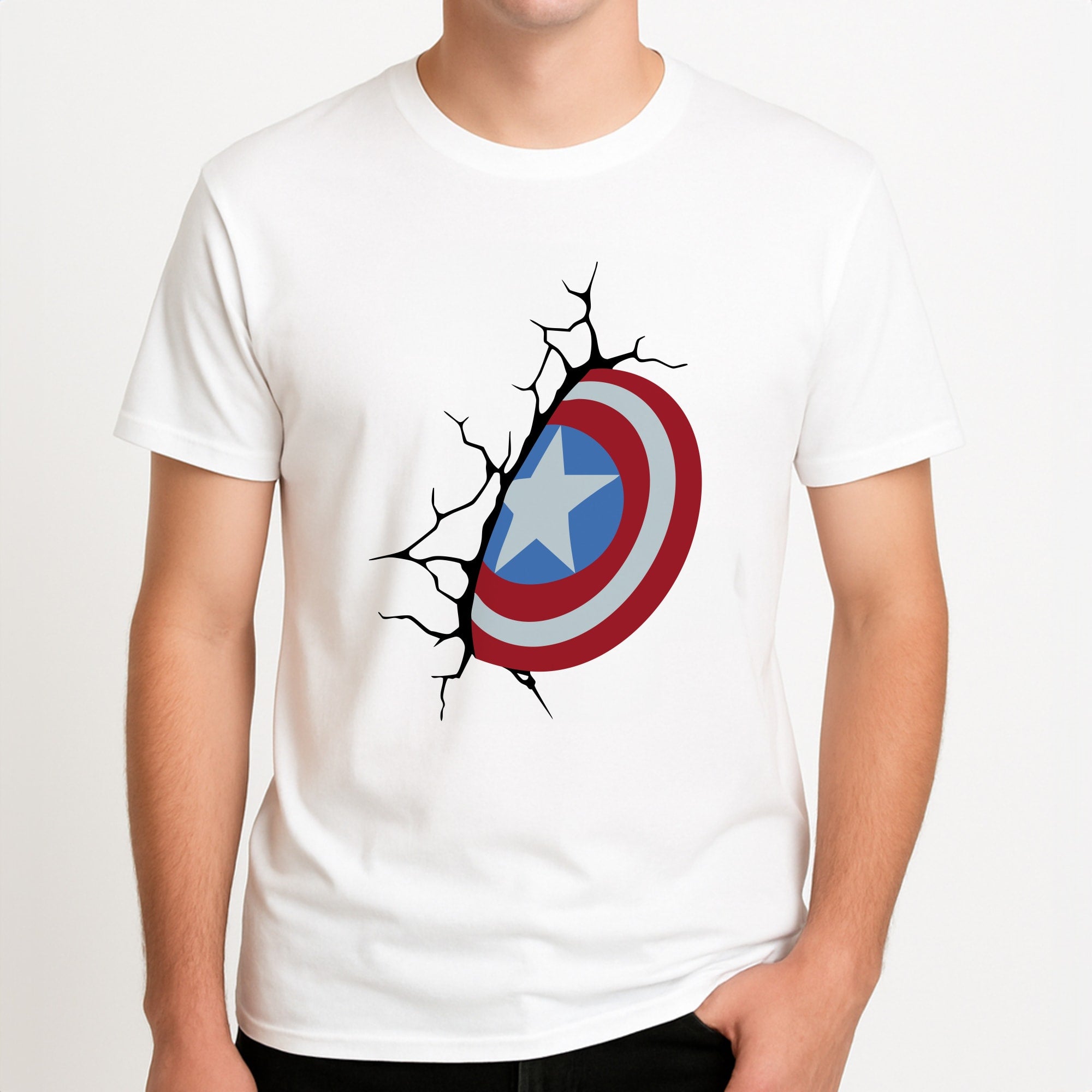 Shield Break Unisex T-Shirt, worn by a male model.