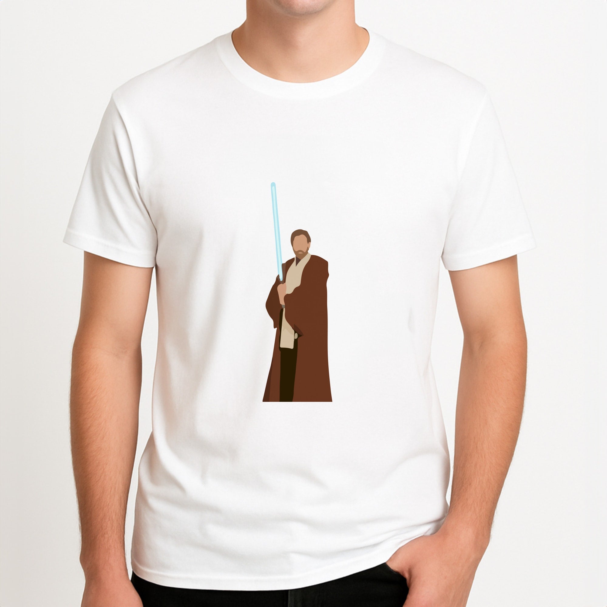 Kenobi Blue Lightsaber Unisex T-Shirt, worn by a male model.