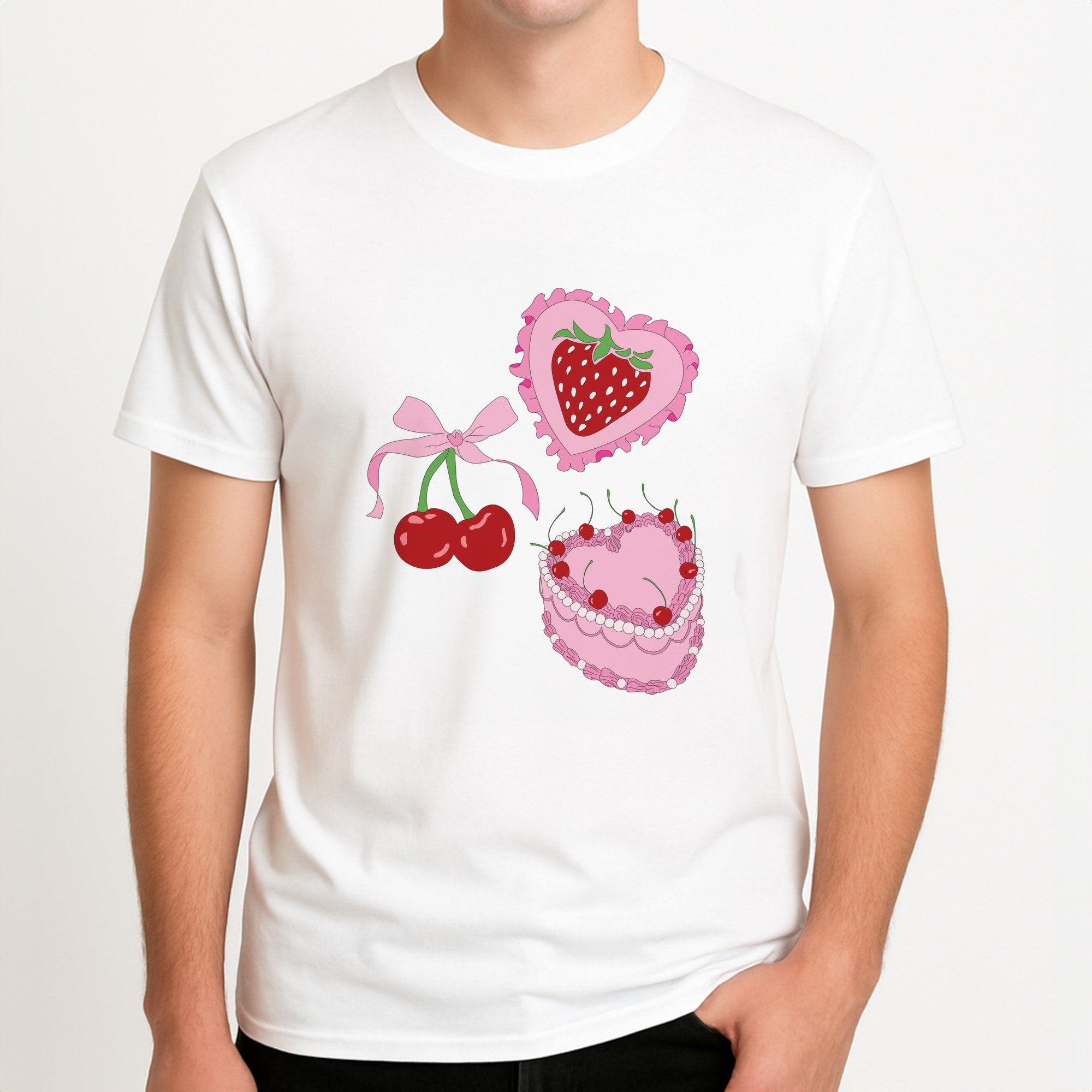 Cherries, Strawberries And Cake - Valentine's Day Unisex T-Shirt, worn by a male model.