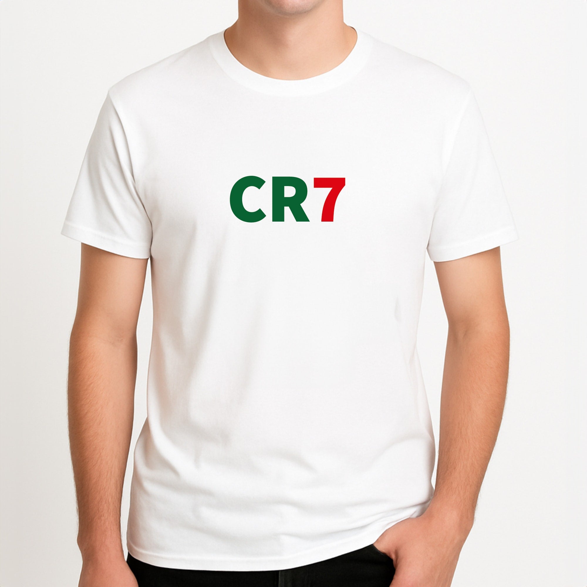 CR7 Logo - Ronaldo Unisex T-Shirt, worn by a male model.