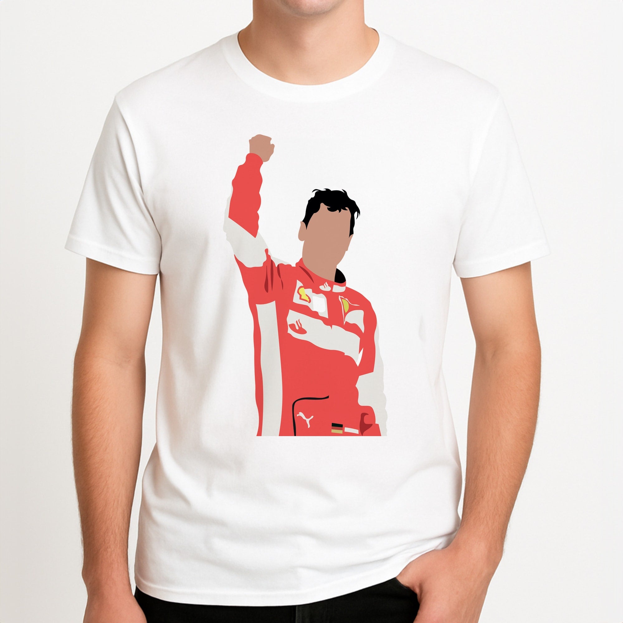 Vettel - F1 Unisex T-Shirt, worn by a male model.