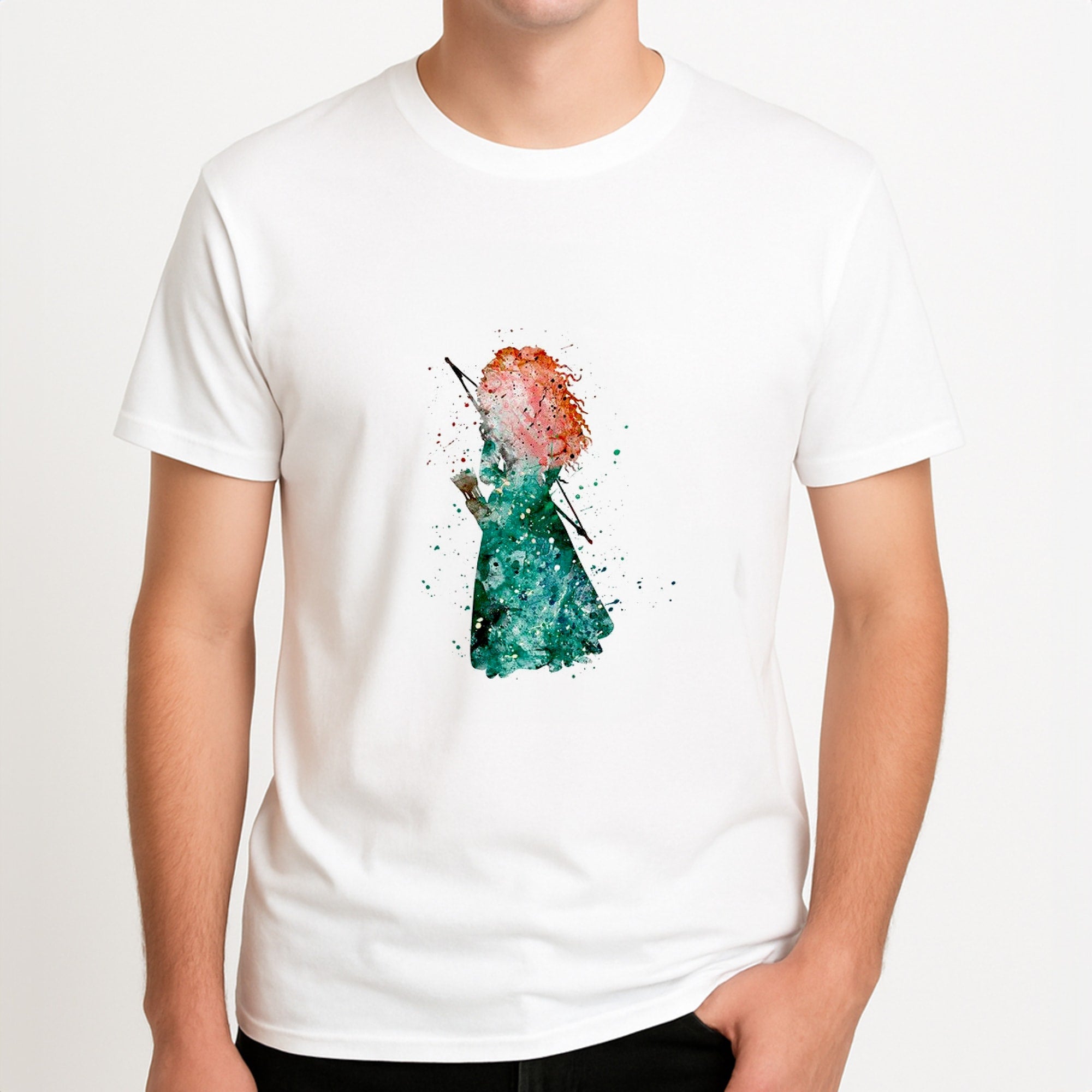 Watercolour Princess Merida Brave Fairytale Unisex T-Shirt, worn by a male model.