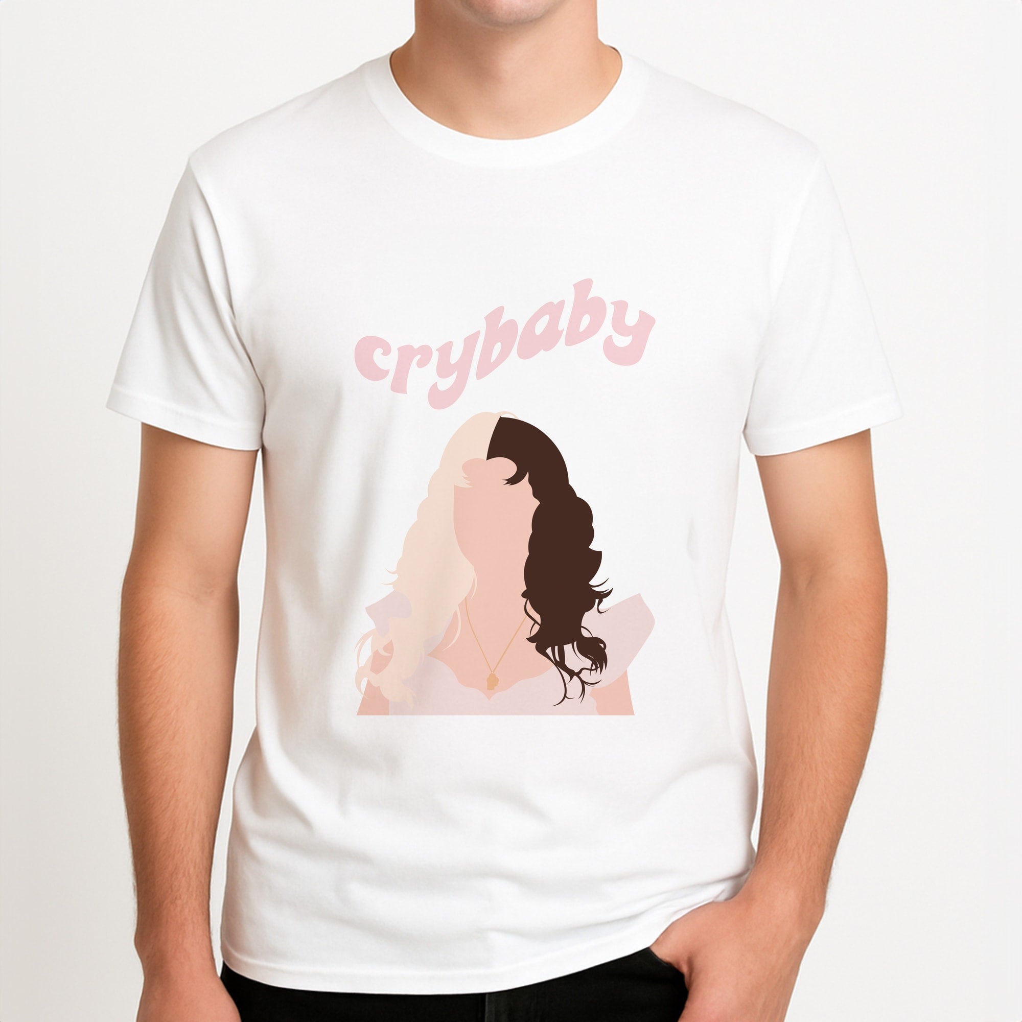 Crybaby - Melanie Martinez Unisex T-Shirt, worn by a male model.