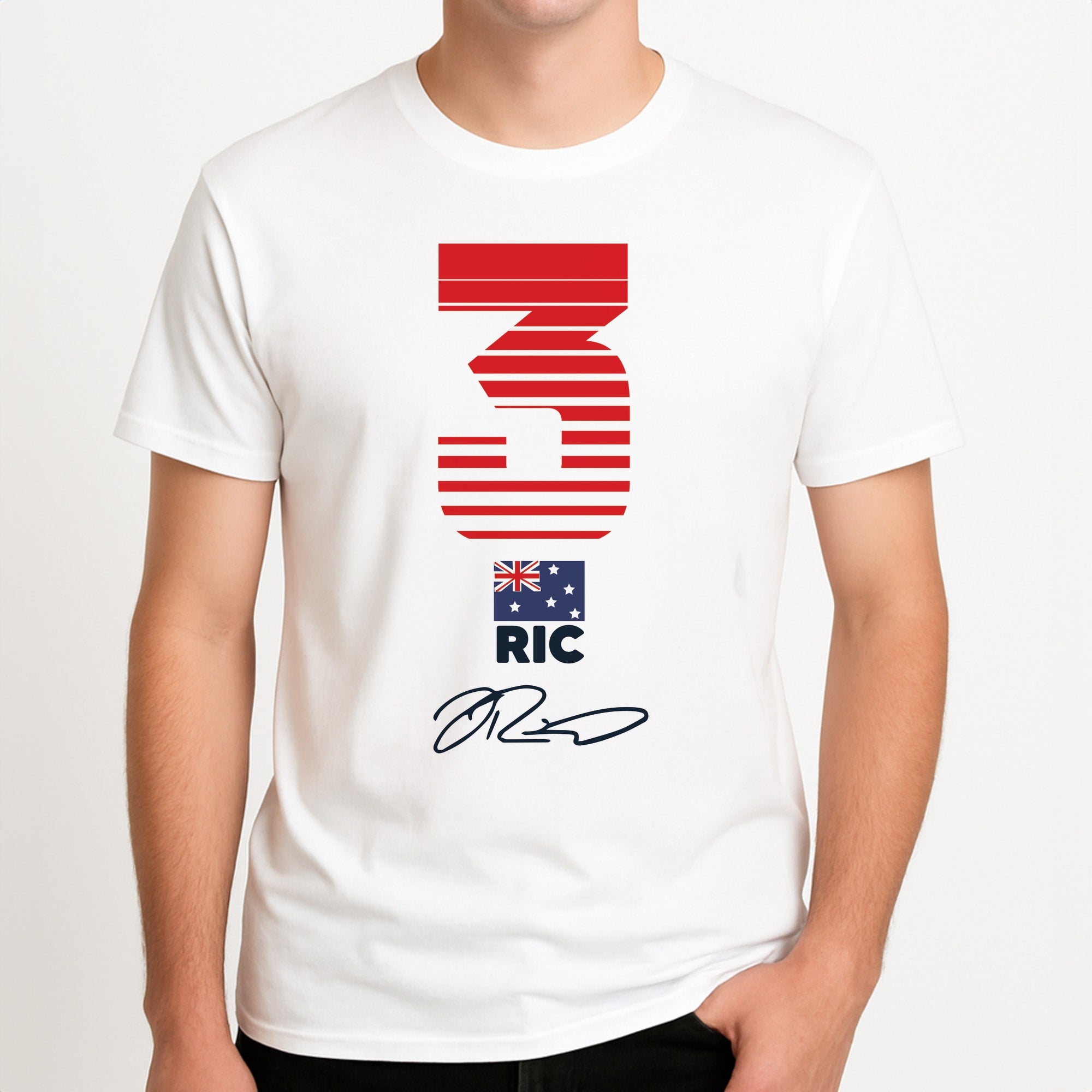 Ricciardo - F1 Unisex T-Shirt, worn by a male model.