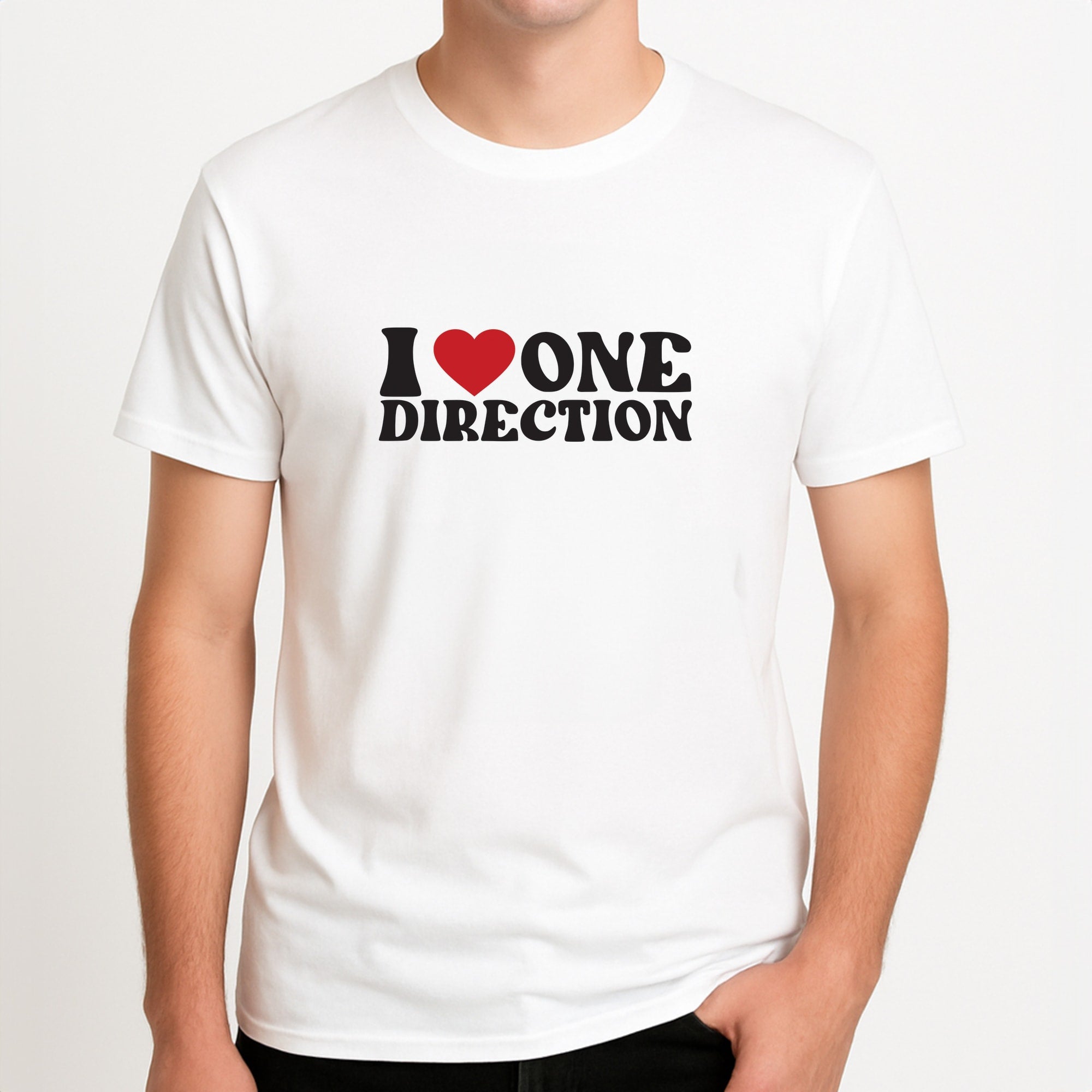 I Love Direction Unisex T-Shirt, worn by a male model.