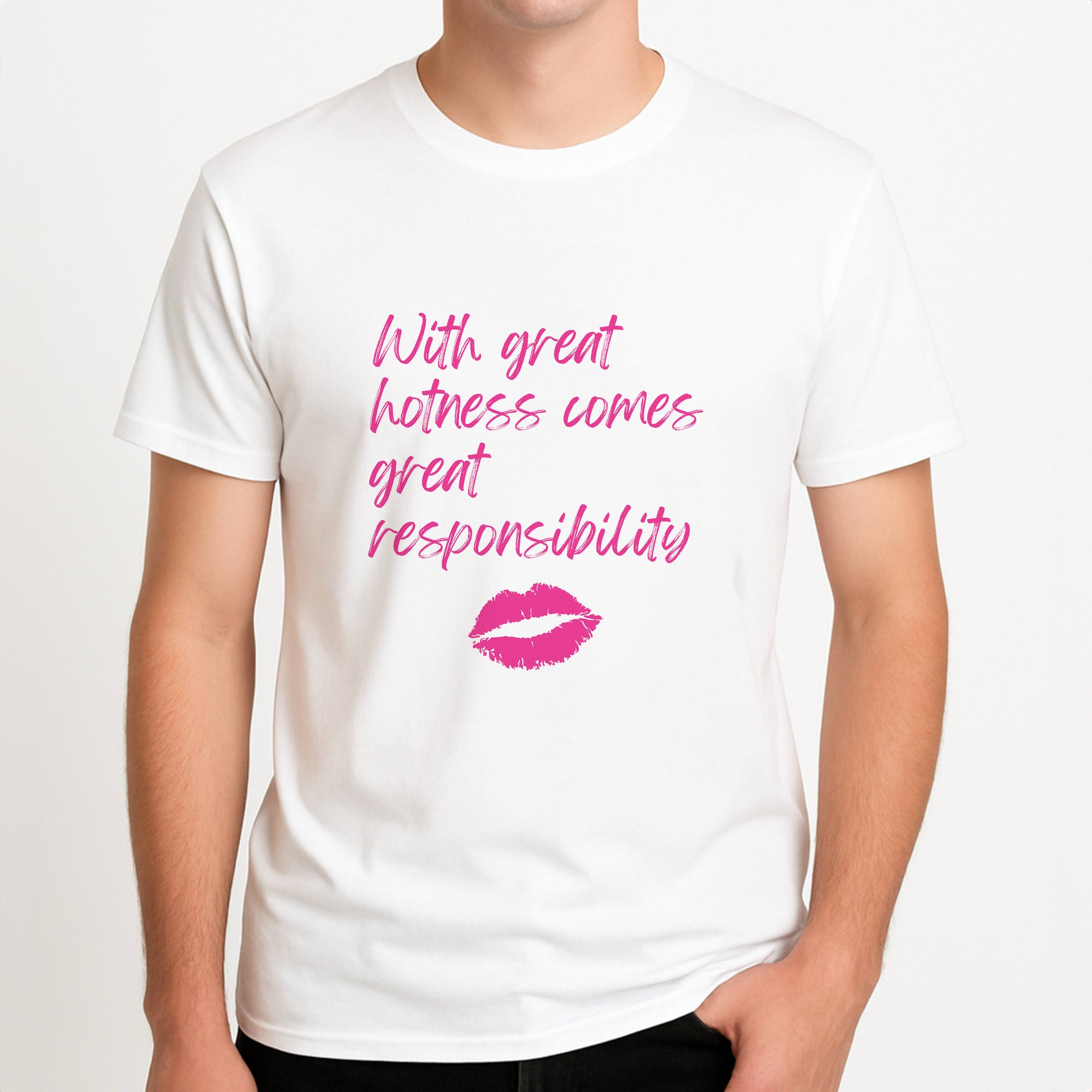 With Great Hotness Unisex T-Shirt, worn by a male model.