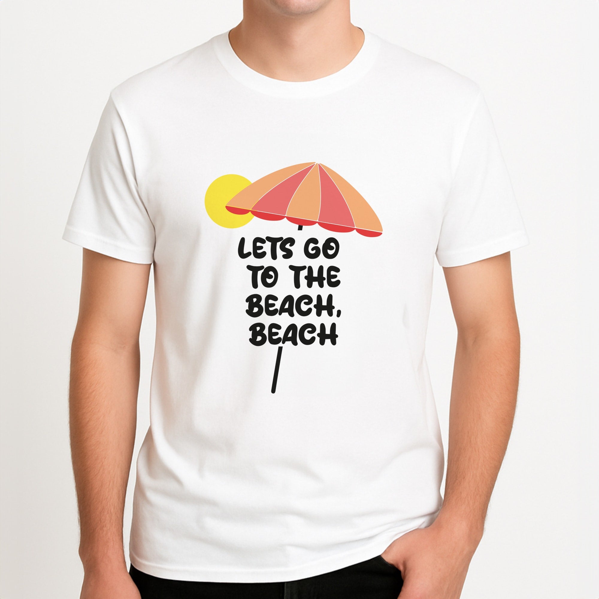 Lets Go To The Beach - Summer Quotes Unisex T-Shirt, worn by a male model.