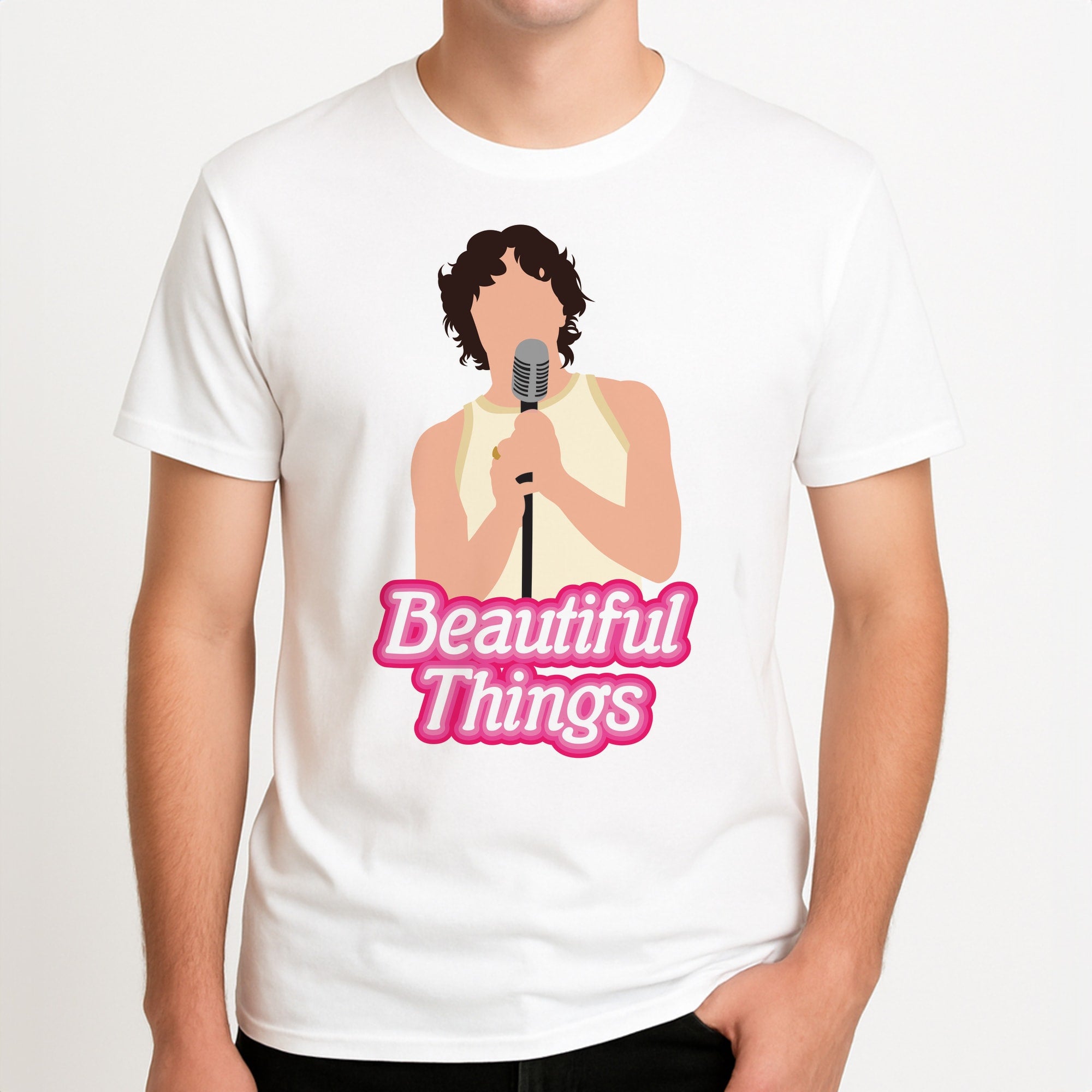 Neon Pink Beautiful Things Unisex T-Shirt, worn by a male model.