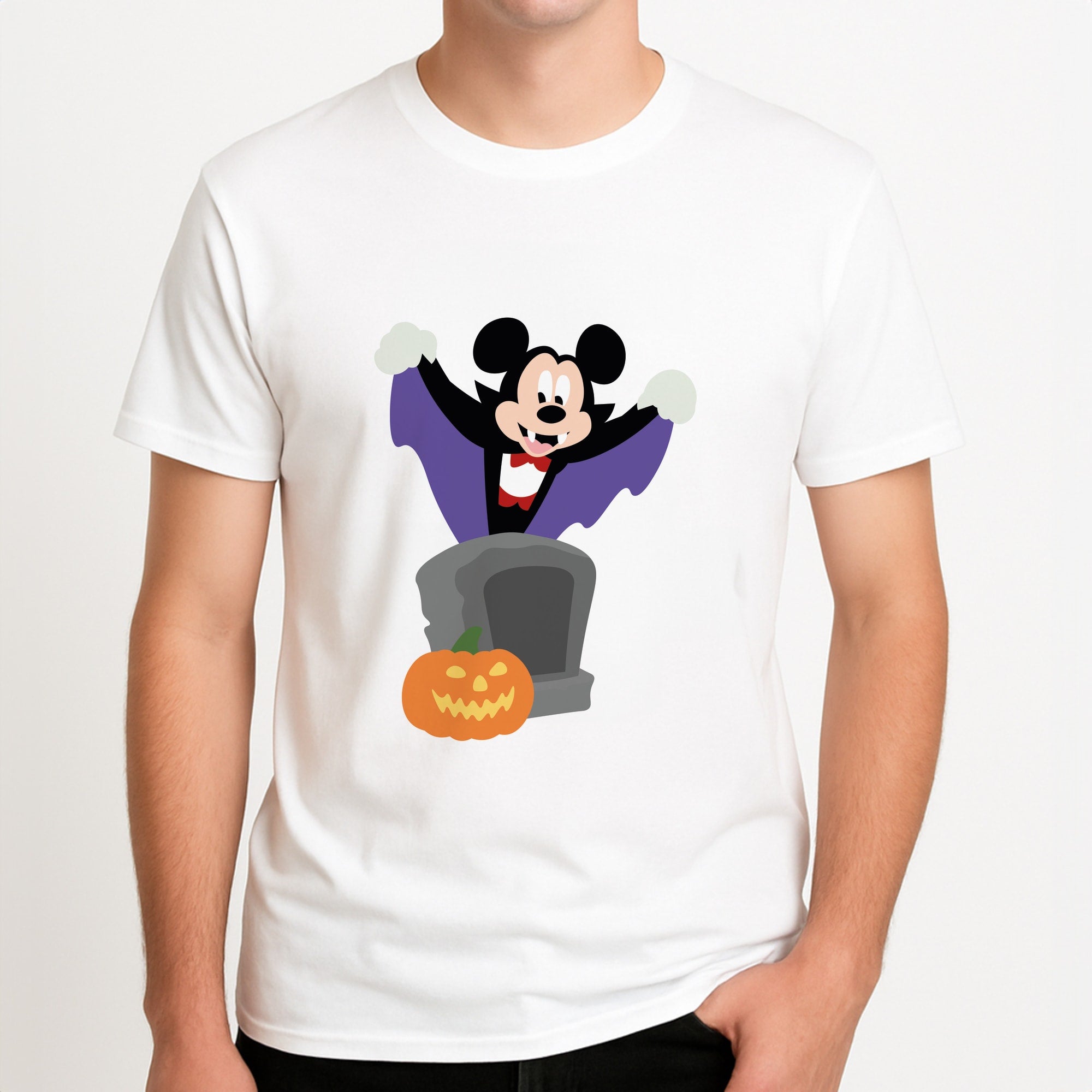 Vampire Mouse Halloween Unisex T-Shirt, worn by a male model.